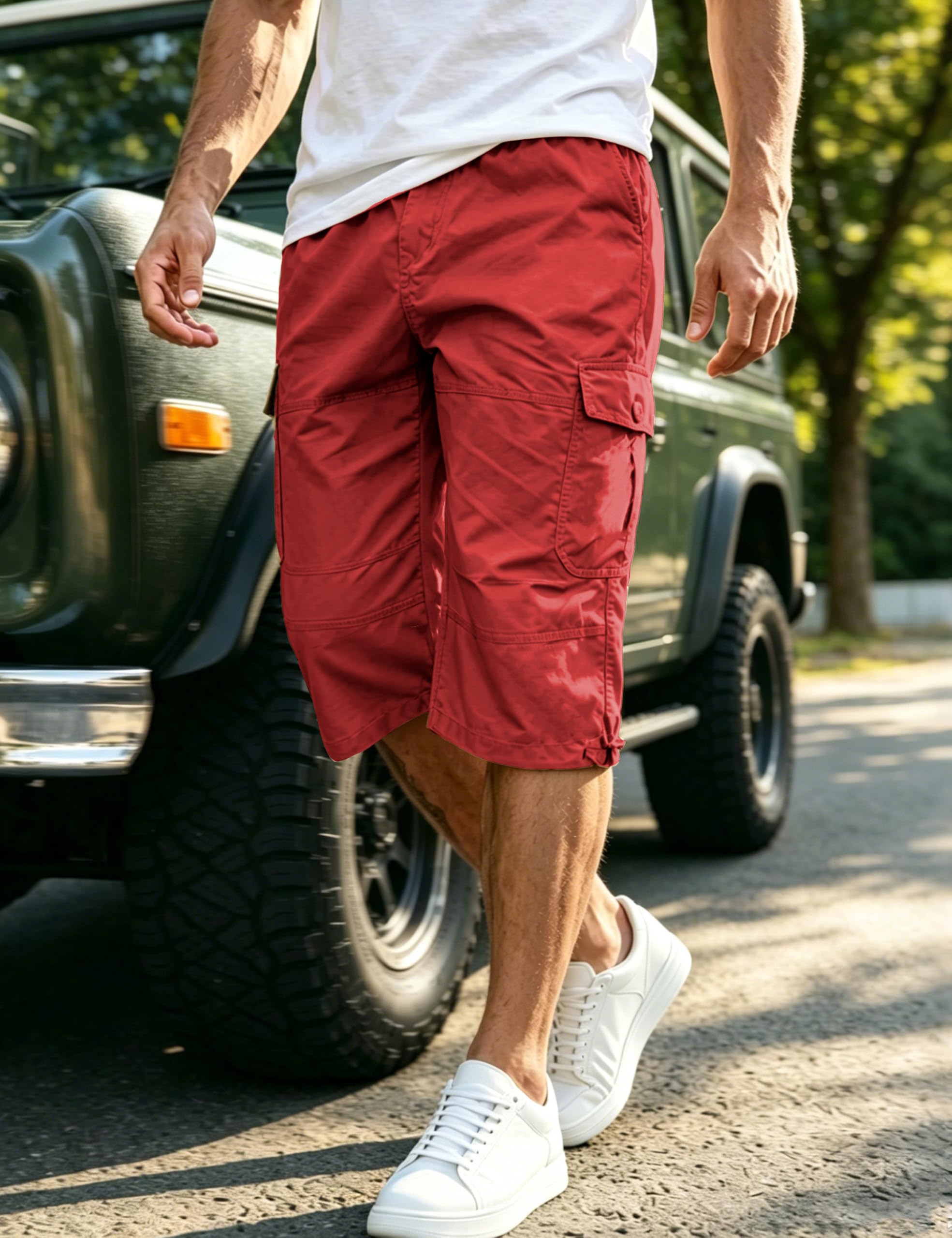 EKLENTSON Men's Cargo Shorts Casual Twill Elastic 3/4 Capri Pants Below Knee Long Shorts with 7 Pockets