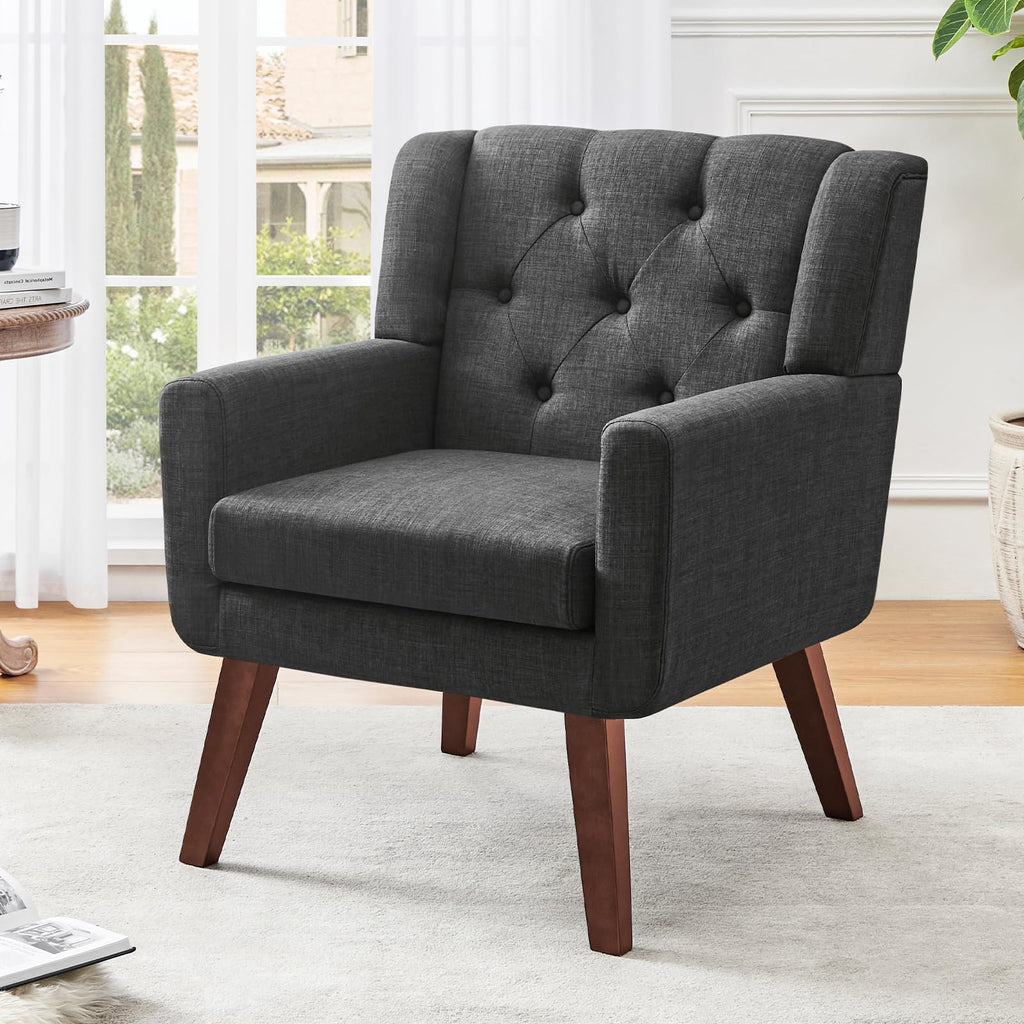 Living&Giving Accent Chair Button-Tufted Upholstered Living Room Chairs Comfy Reading Mid Century Modern with Linen Fabric Lounge Arm for Bedroom (Beige) 29.33D x 28.94W x 34.65H Inch