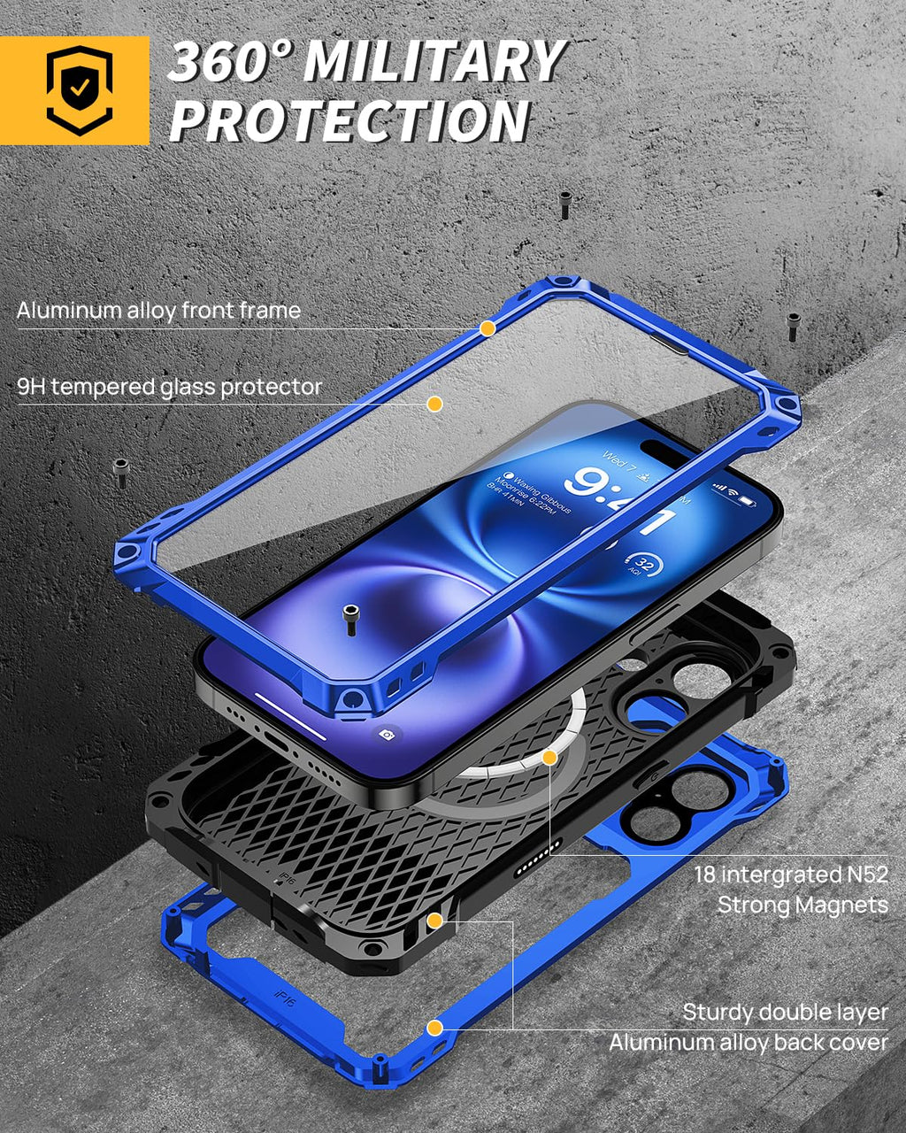Lanhiem for iPhone 16 Metal Case with Camera Cover & Stand [Compatible with MagSafe] [Built-in Kickstand] [Military-Grade Protection] Heavy Duty Rugged Magnetic Phone Case, Black