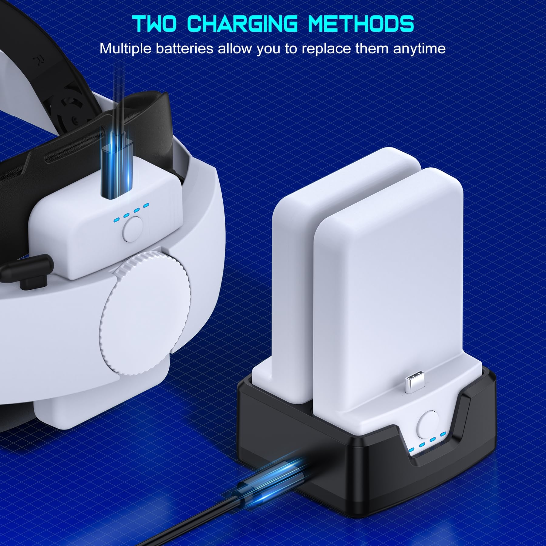 Hot-Swappable Battery Head Strap for Quest 2/Quest 3/3S, 15000mAH Detachable Battery, Extra 6-8 Hours Playtime, Double Knobs, Soft Cushion, Reduces Head Pressure, with One Charging Dock