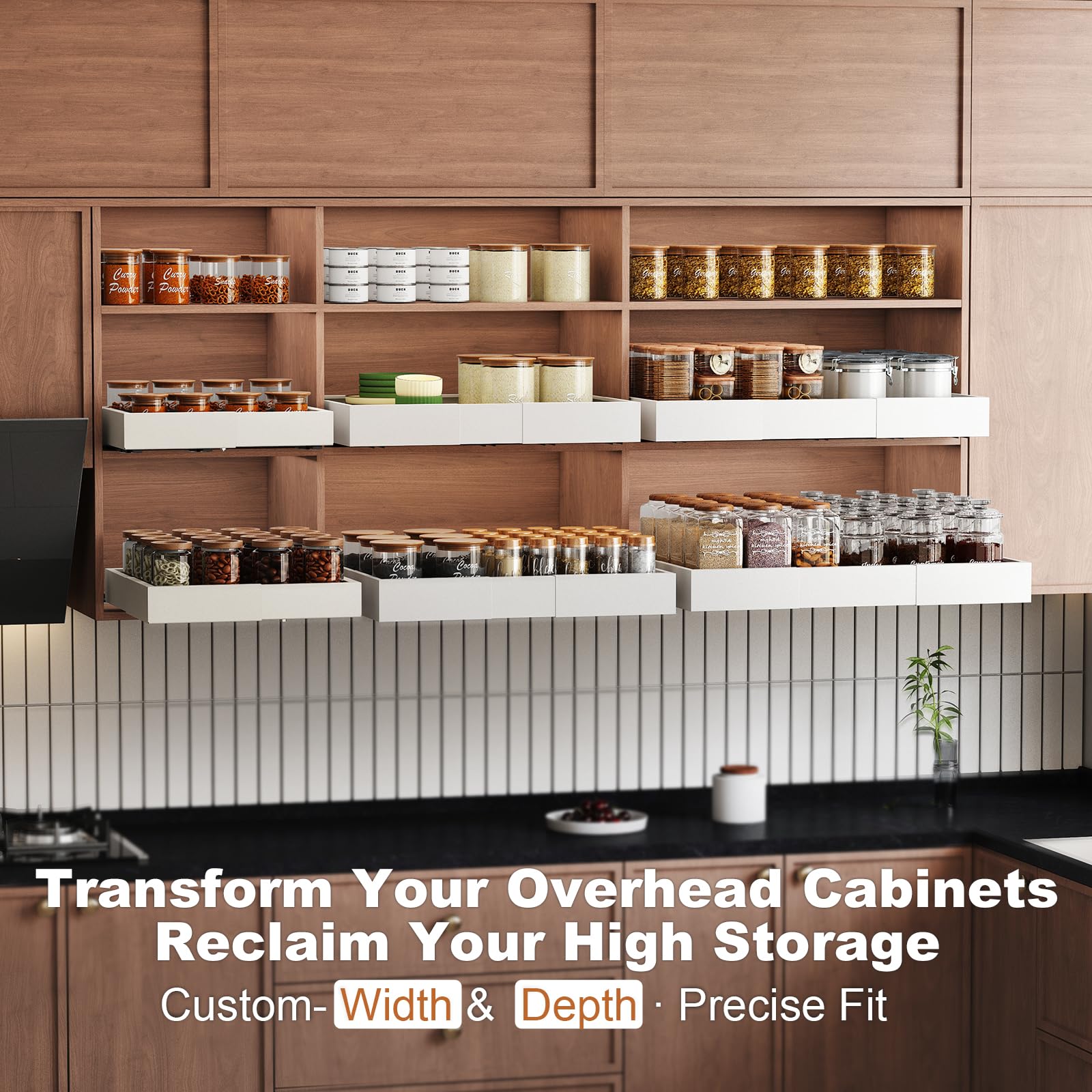 Pull out Cabinet Organizer,Width (11"-16") and Depth (17"-24") Expandable With 3 Rails,No Drill Adjustable Slide out Drawers for Kitchen,Pantry,Adhesive Roll out Shelves,for Cabinets without Lip,Black