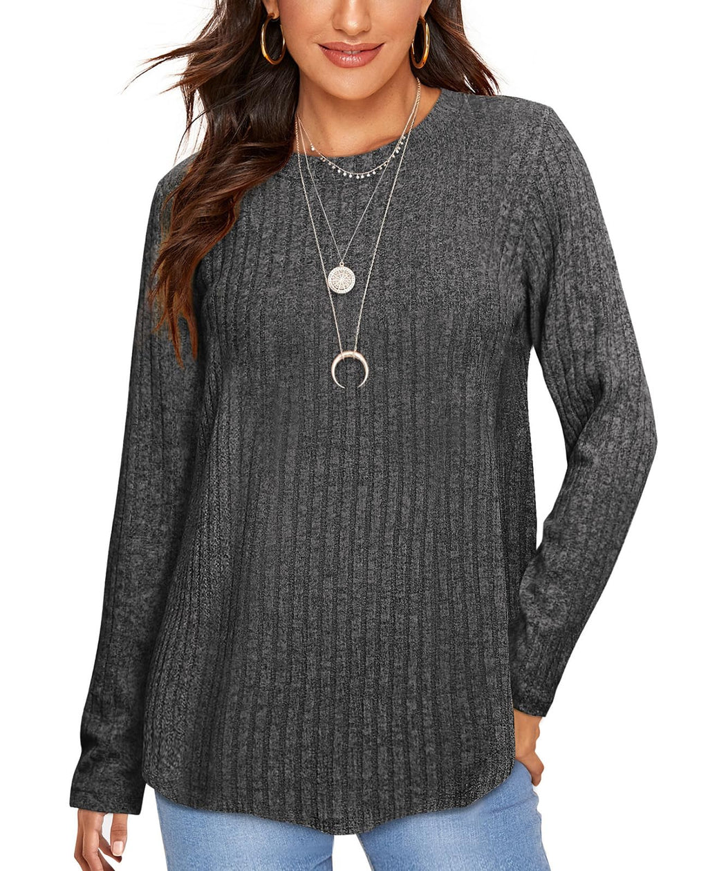 OFEEFAN Long Sleeve Shirts for Women Loose Fit Crew Neck Tunic Tops Blouse Dressy Casual Fall Winter Clothes Outfits