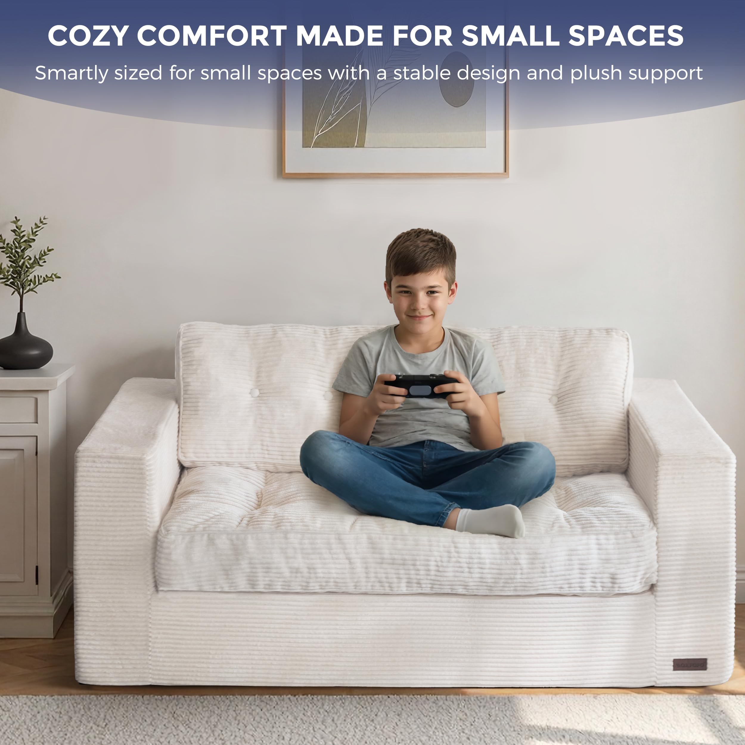 MAXYOYO 3 Seater Sofa Couch for Living Room, Tufted Boneless Couch Sofa Couch, Comfy Bubbled Bean Bag Chair for Apartment, No Assembly Needed, Beige