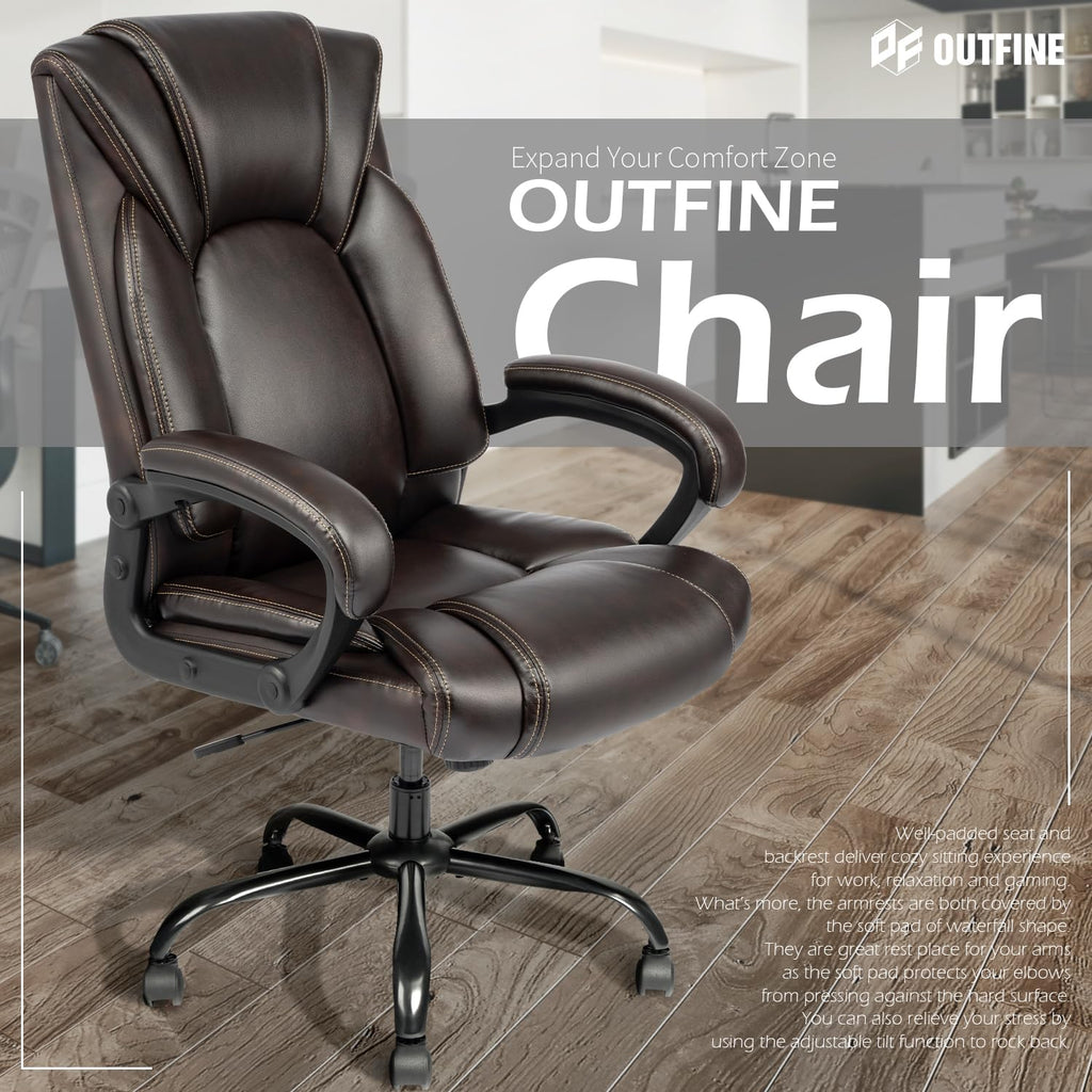 OUTFINE Office Chair Executive Office Chair Desk Chair Computer Chair with 5-Year hydrolysis-Resistant Leather Spring Cushion Ergonomic Support Tilting Function Upholstered in Bonded Leather Black