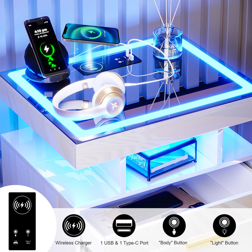 HNEBC LED Nightstand with Charging Station,Smart Bedside Table with Motion Sensor Lights,3 Drawers,Tempered Glass Top,High Gloss End Table with 3 Color Lights for Bedroom, Living Room,Office-Black