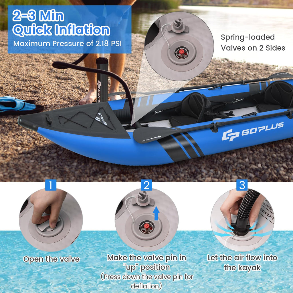 Goplus Tandem Inflatable Kayak, 12.5FT 2-Person Kayak for Adults w/507 LBS Weight Capacity, 2 Aluminium Oars, Padded Seat, 2 Fins, Hand Pump, Carry Bag, Repair Kit, Portable Touring Kayaks