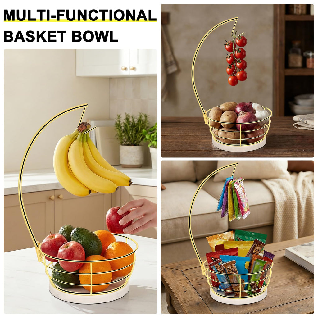 Livabber Countertop Fruit Basket Bowl with Banana Hanger, Modern Standing Fruit Vegetable Bowl Storage, with Banana Tree Holder for Kitchen Dinning Table (Round Marble, Black)