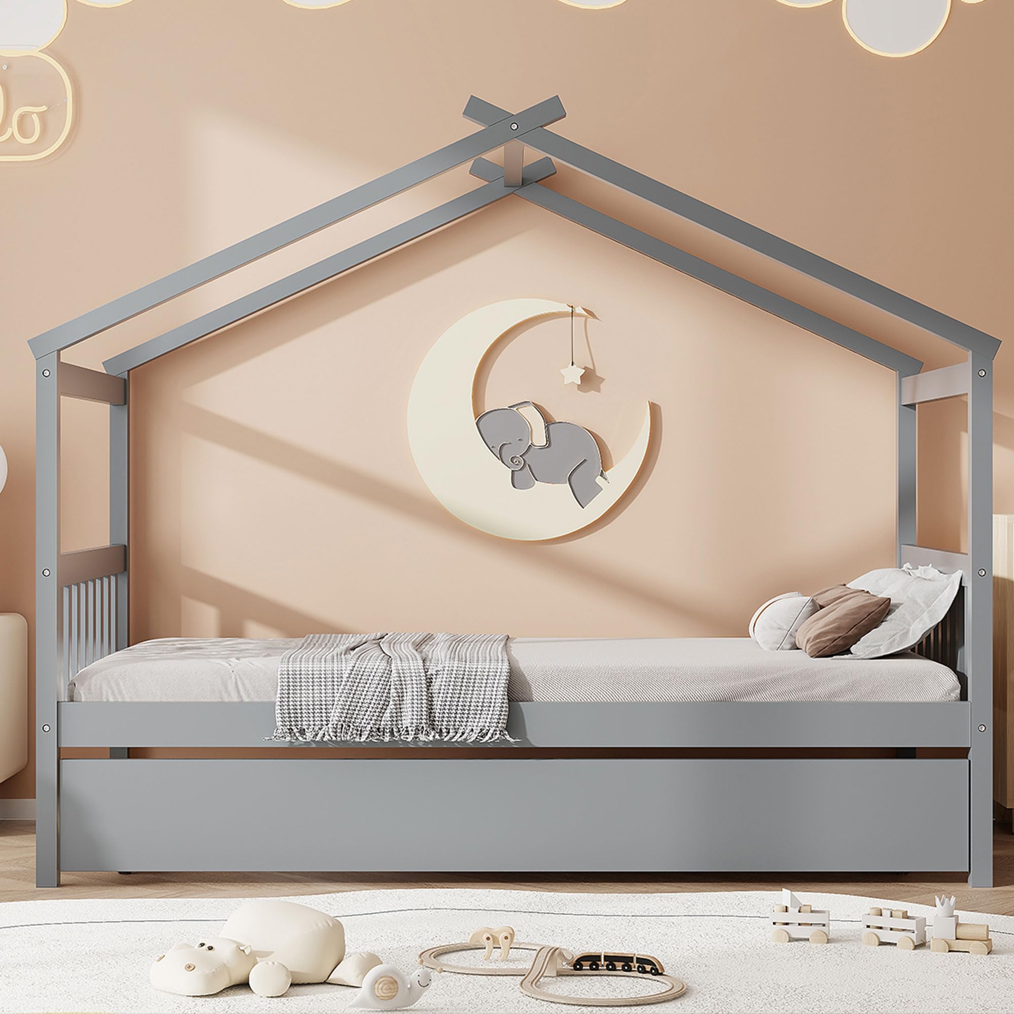 Merax Twin Size Wooden House Bed with Two Drawers, Wood Bed Frame with Roof for Kids, Teens, Boys or Girls, Grey