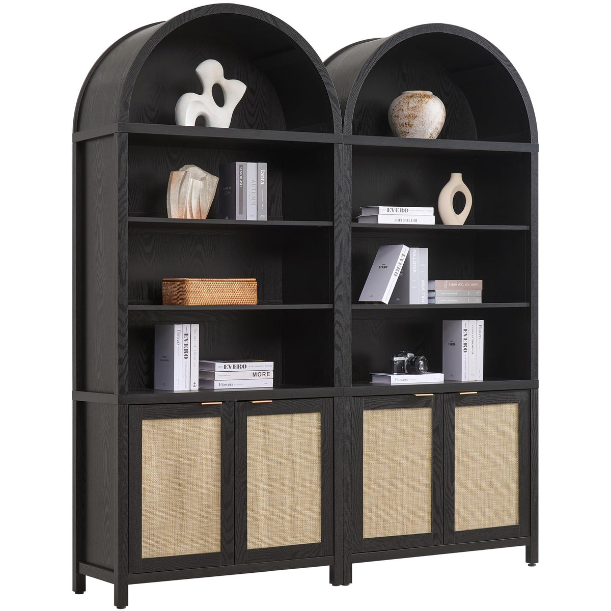 SICOTAS Book Shelf Arched Cabinet Bookshelf Arch 84.2" Tall Bookcase 5 Tier Large Bookshelves with Doors Storage Rattan Boho Wide Book Shelves Case for Living Room Kitchen Office Bedroom Library