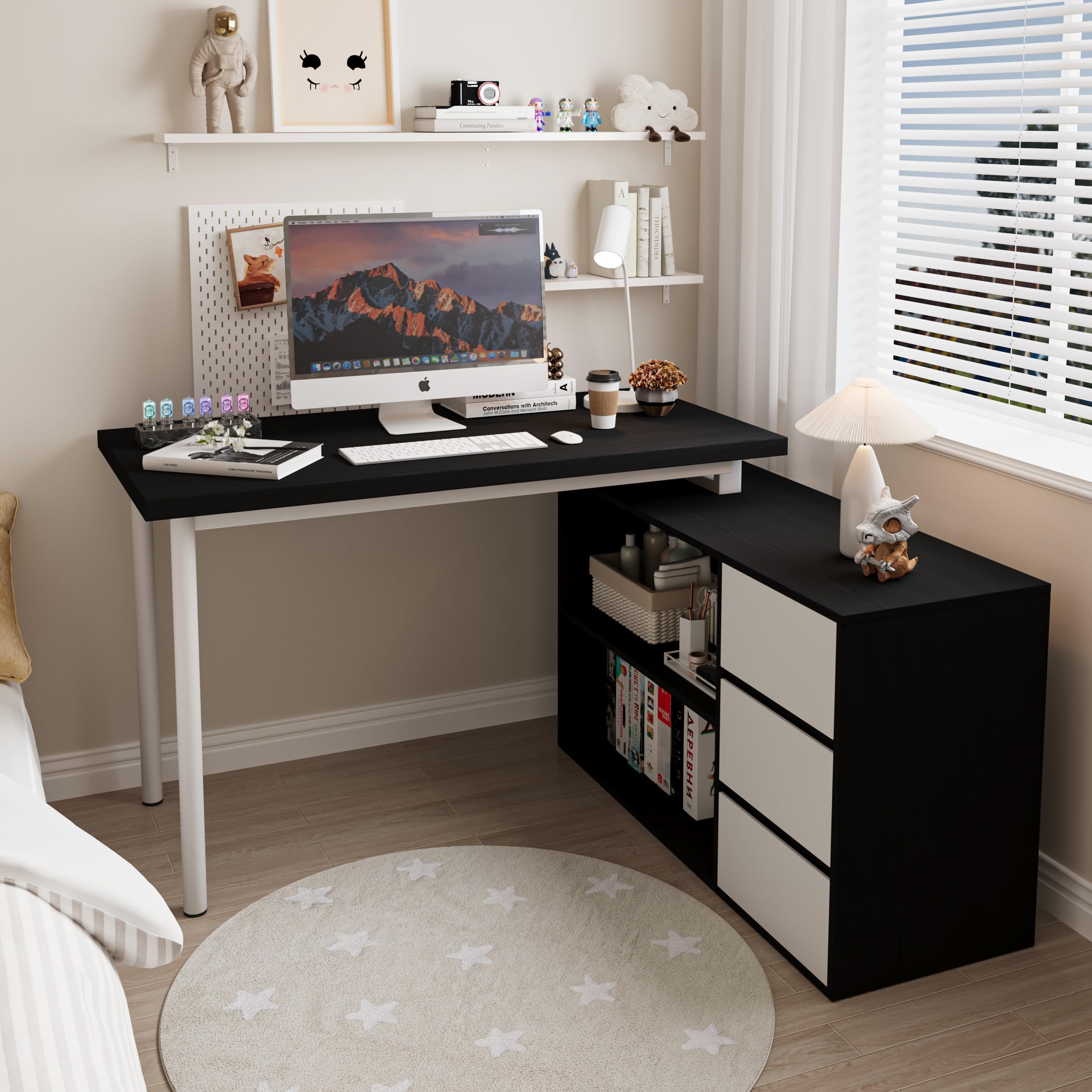 Bobve L Shaped Computer Desk, 47 Inch Home Office Desk with File Drawers & Storage Shelves, Small Corner Computer Desk for Small Space (Black + White)