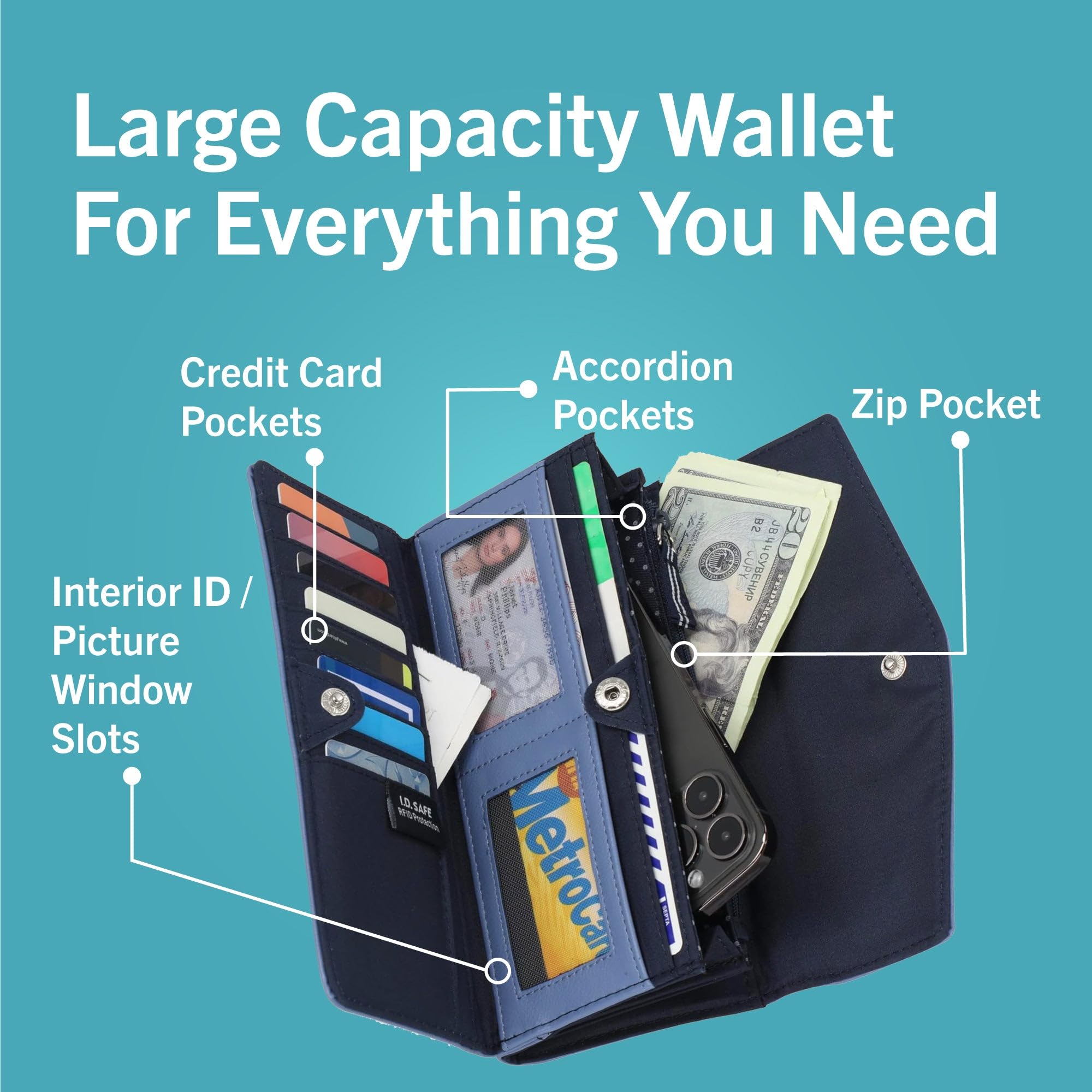 Nautica Money Manager Womens Slim RFID Blocking Wallet, Small Bifold Credit Card Holder with Zipper Coin Pocket and ID Window