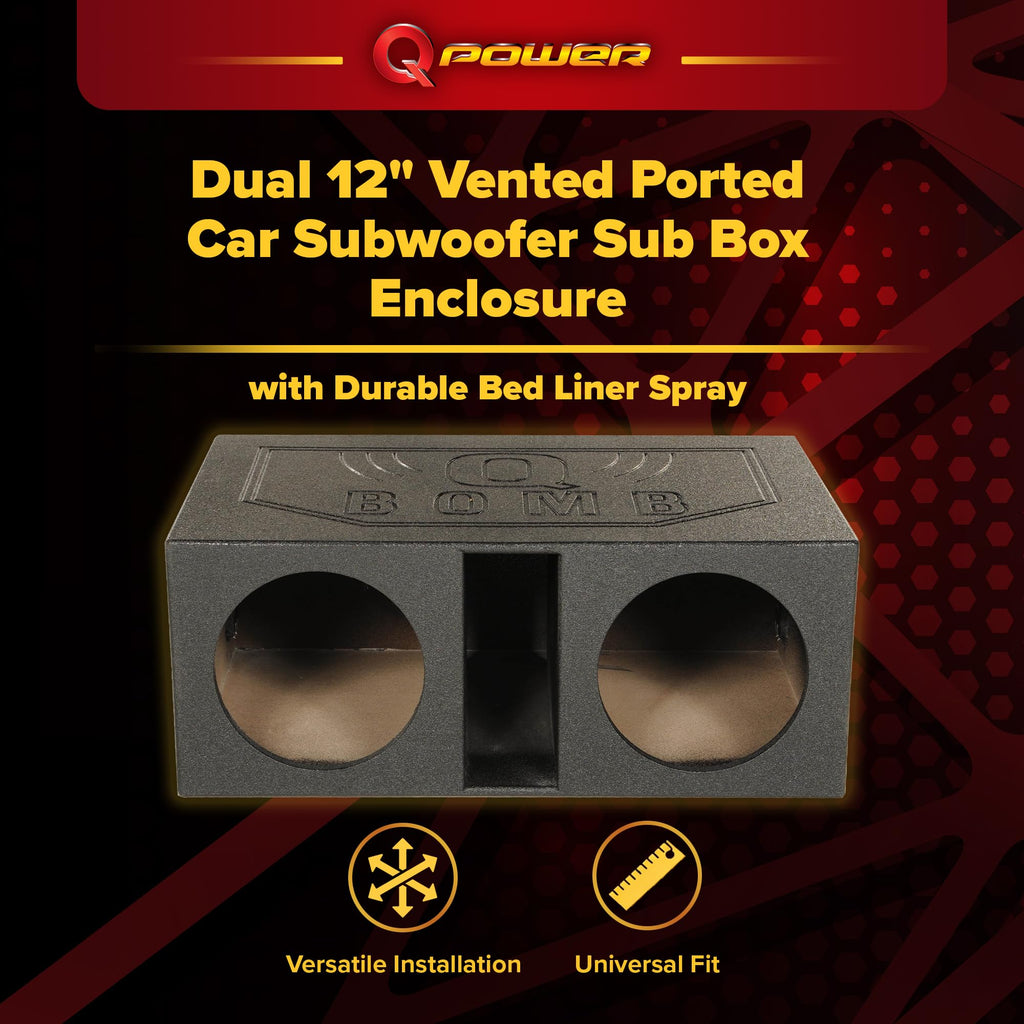 QPower 12 Inch Dual Subwoofer Box, High-Performance Vented Speaker Enclosure, Black - Car Audio and Sound System Accessories - Portable Equipment for Subwoofers