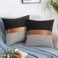 16x16 inch Pillow Covers Set of 2 Farmhouse Decor Stripe Patchwork Linen Throw Pillow Covers Modern Faux Leather Covers for Couch Sofa,Black