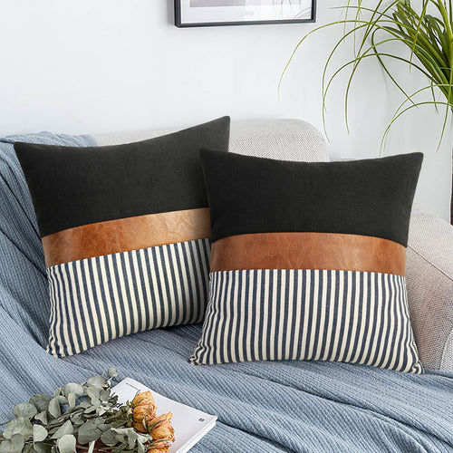 16x16 inch Pillow Covers Set of 2 Farmhouse Decor Stripe Patchwork Linen Throw Pillow Covers Modern Faux Leather Covers for Couch Sofa,Black