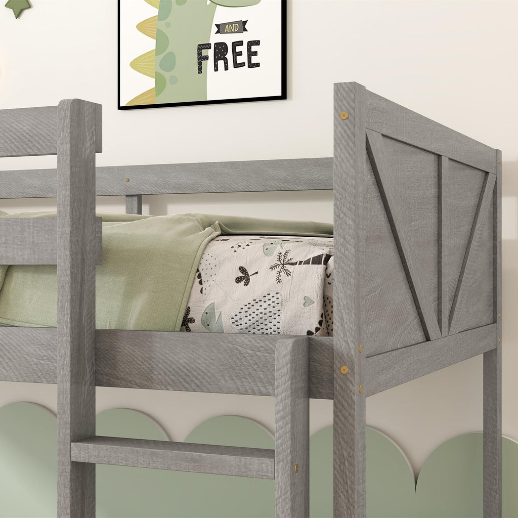 Bunk Bed Twin Over Twin, Wood Low Profile Floor Twin Bunk Beds with Headboard Ladder Guardrails for Kids Boys and Girls, No Box Spring Needed