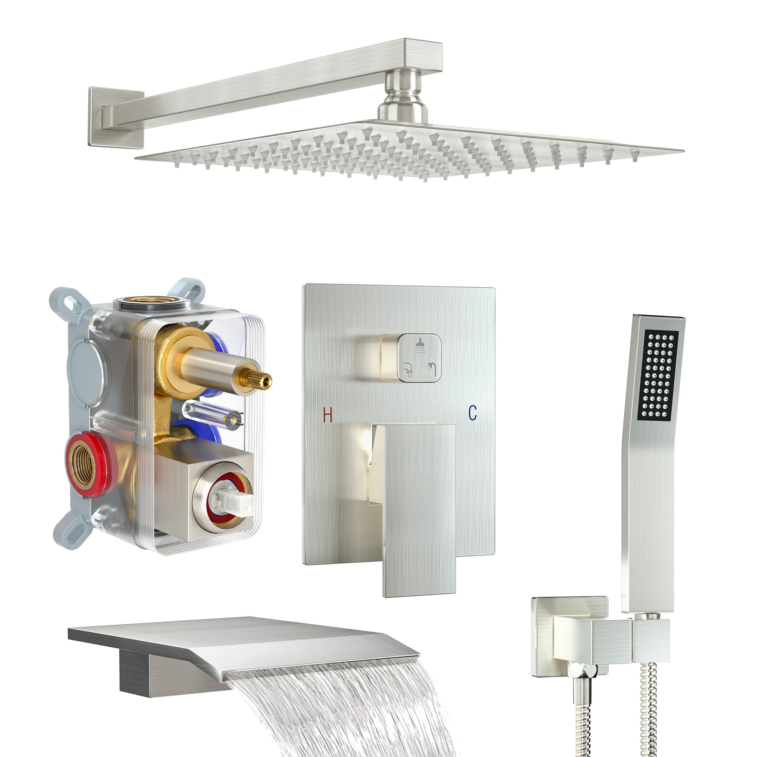 Brushed Gold Shower System with 10-Inch Rain Showerhead and Tub Spout | cUPC-certified pressure balance brass valve to prevent scalding, CEC-certified air injection technology for low pressure