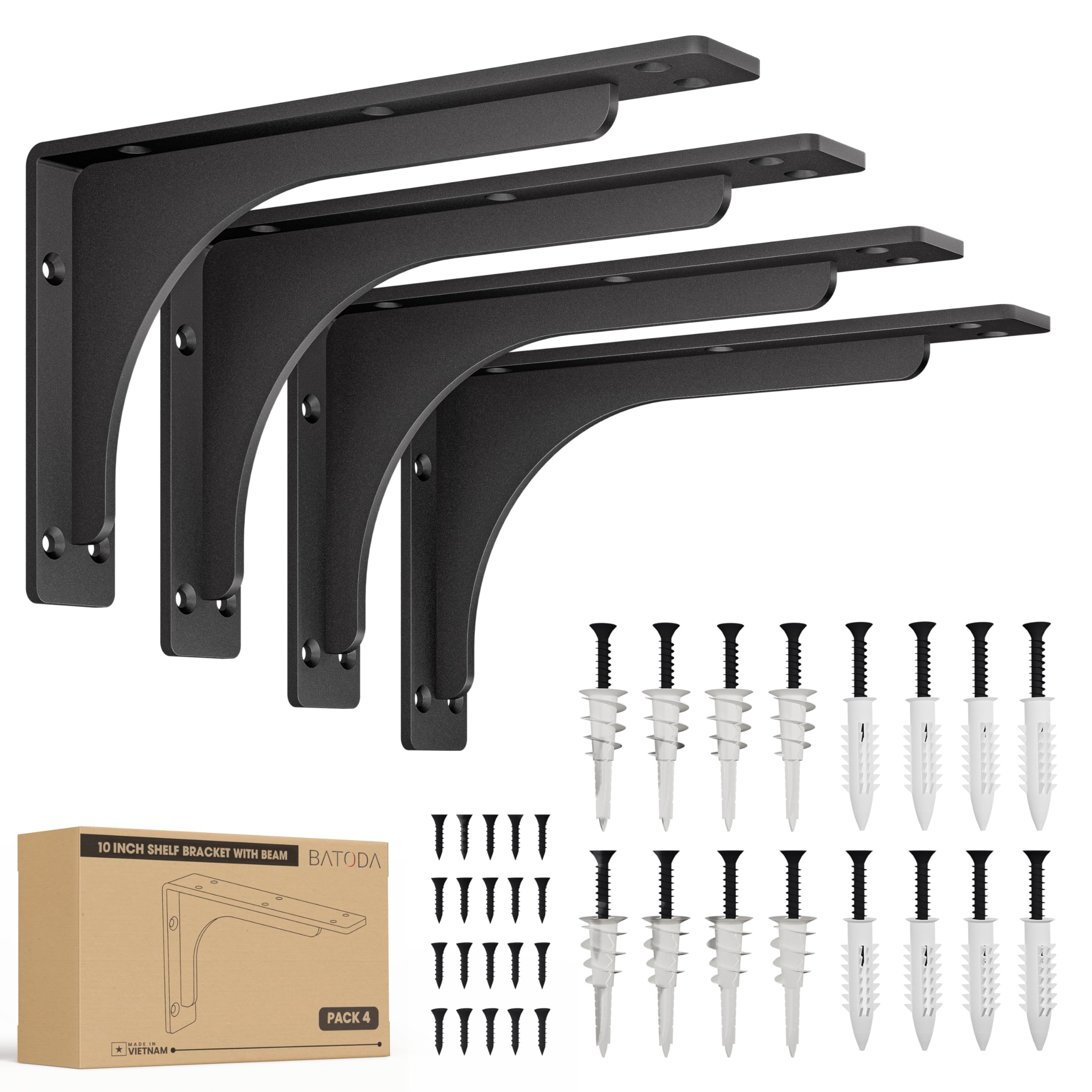 BATODA 8" x 5" L Bracket with Beam - Shelf Brackets Black 300 Lbs Capacity - Heavy Duty Shelving Brackets for Floating Shelves - Wall Mounted Support for DIY – Mounting Hardware Included (Pack 4)