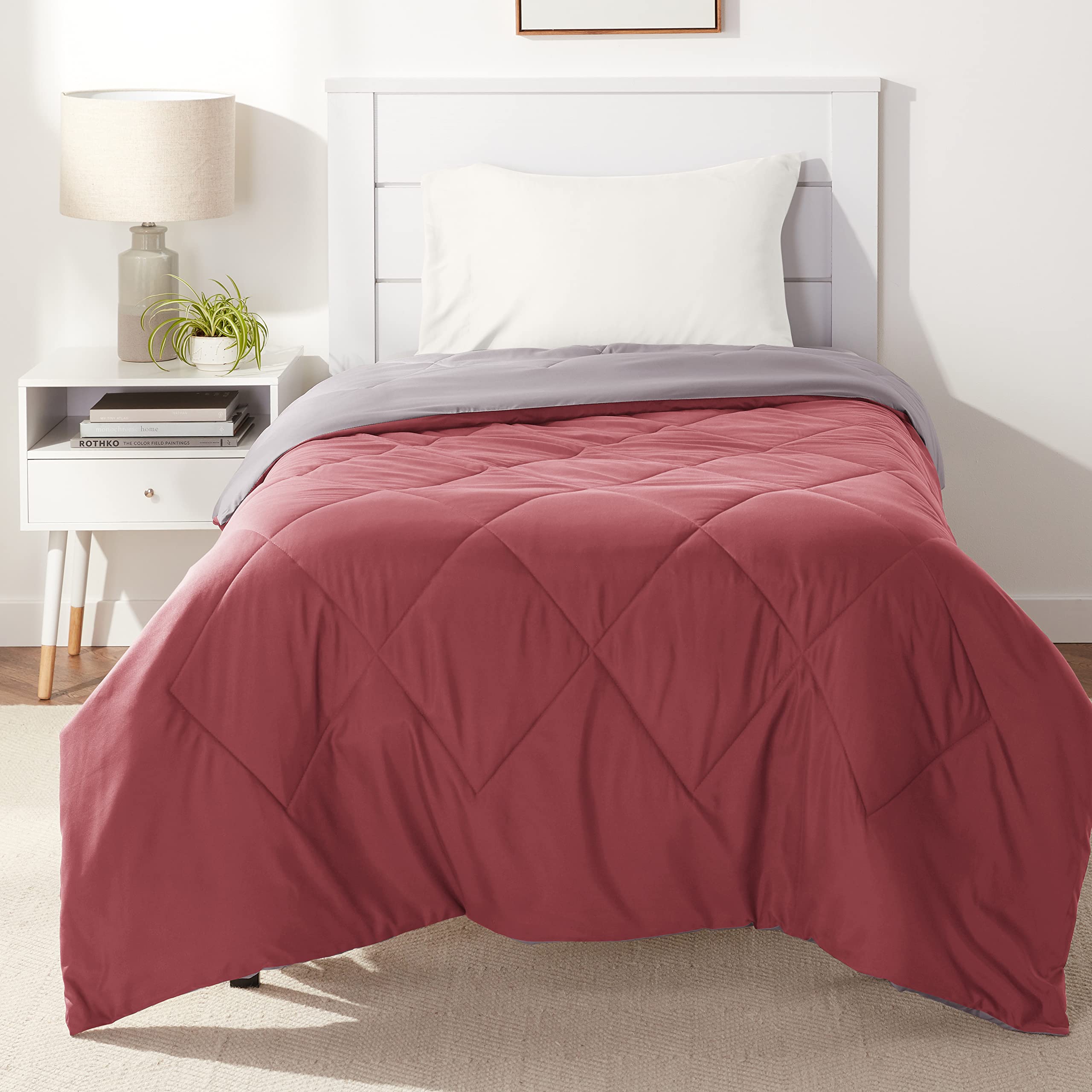 Amazon Basics Reversible Lightweight Microfiber All Season Comforter Blanket, Twin/Twin XL, Burgundy/Grey (Pack of 2)