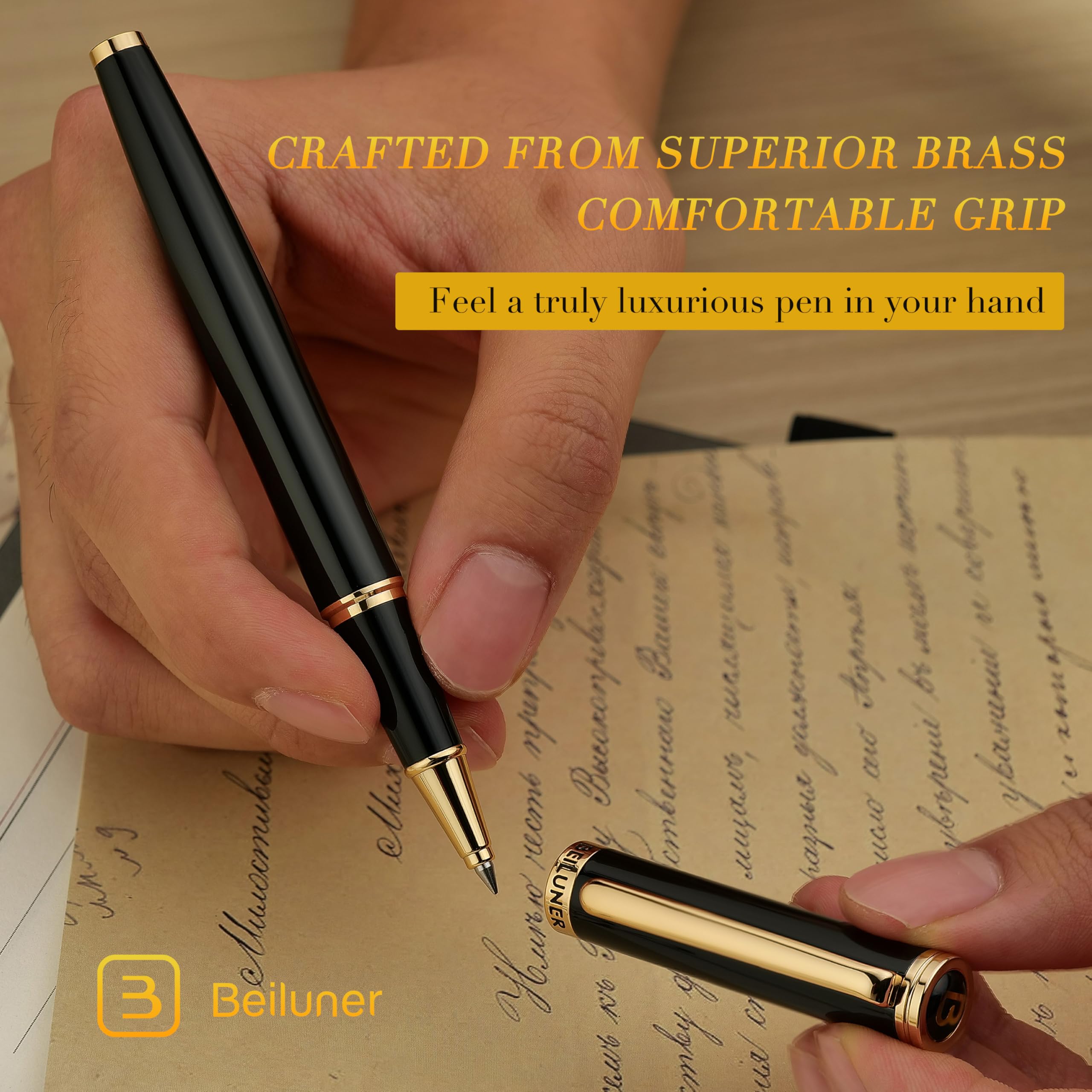 BEILUNER Luxury Rollerball Pen,24K Gold Trim,Noble and Elegant Designs,Schneider Ink Refill, Best Roller Ball Pen Gift Set for Men & Women, Professional, Executive Office, Nice Pens
