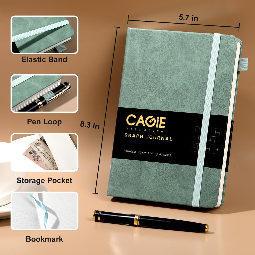 CAGIE Bullet Dotted Journal Notebook 320 Pages 100 GSM Paper Hardcover A5 Dot Grid Notebook Leather Journals for Writing Women Men Work Journaling, Black