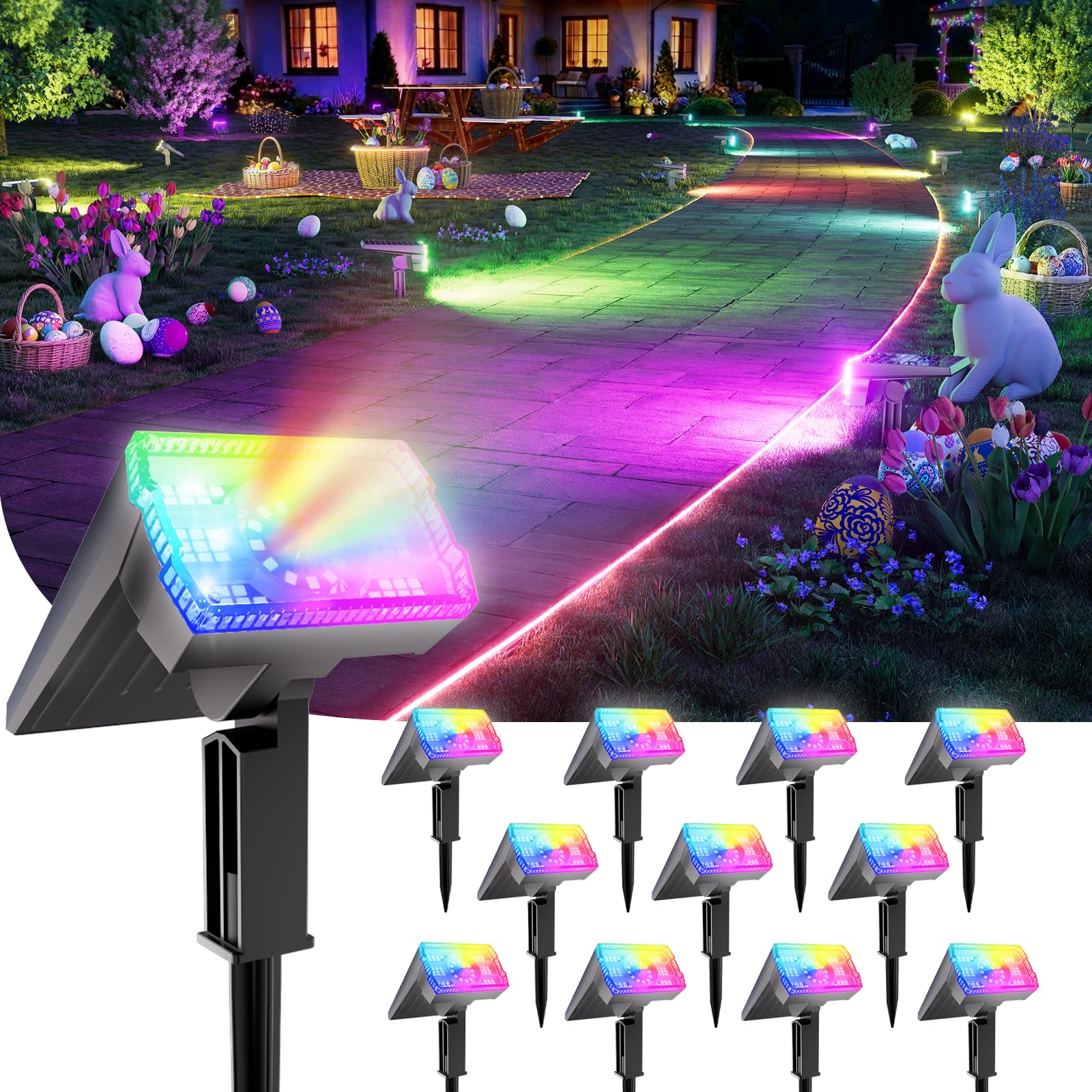 1 Pack Solar Spotlights Outdoor Waterproof IP67,Adjustable Wall&Ground Solar Lights Powered with 3 Colors, 3 Modes, Dusk to Dawn for Pathway/Garden/Yard/Patio/Driveway/Landscape Lighting Outside Décor