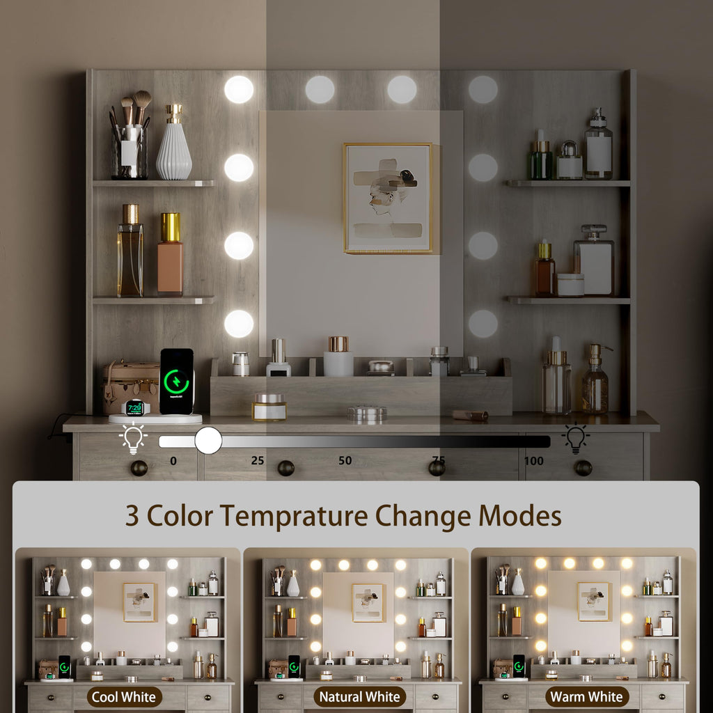 HUANLEGO Vanity Desk with Mirror and Lights, Makeup Vanity with Mirror and LED Lights & Power Outlet, 3 Drawers and Cabinets, 3 Lighting Modes Dressing Table Set for Girls Women Bedroom,Oak