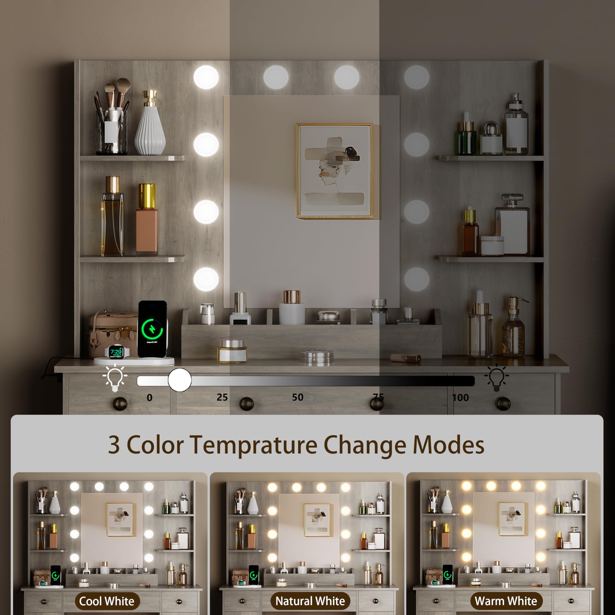 HUANLEGO Vanity Desk with Mirror and Lights, Makeup Vanity with Mirror and LED Lights & Power Outlet, 3 Drawers and Cabinets, 3 Lighting Modes Dressing Table Set for Girls Women Bedroom,Oak