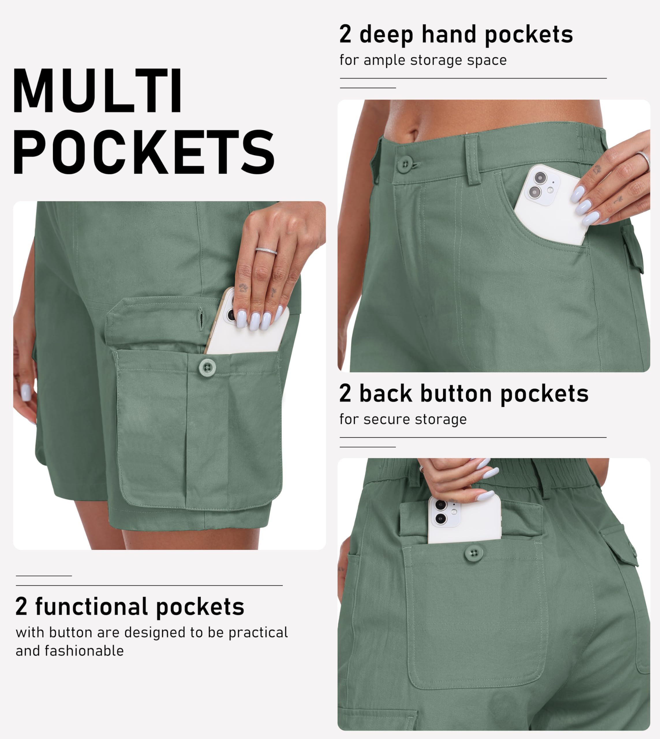 MoFiz Women's Cargo Shorts Bermuda Shorts Button Pockets Elastic Waist Knee Length Long Hiking Casual Shorts for Summer
