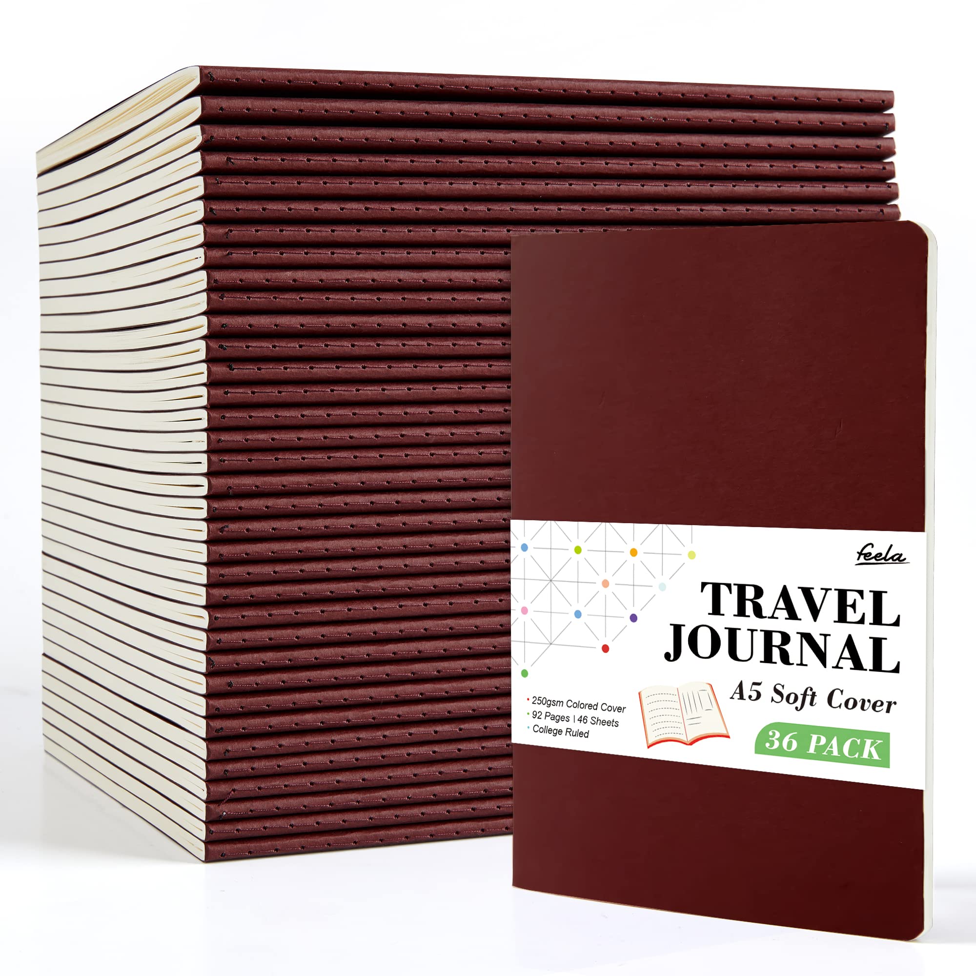 36 Pack Soft Cover Journal Bulk, Feela Lined Blank Travel Journal for Women Men Writing, Notebooks College Ruled for Work, Note Taking Notebook School Business Supplies, 8.2” x 5.5”, A5, Berry