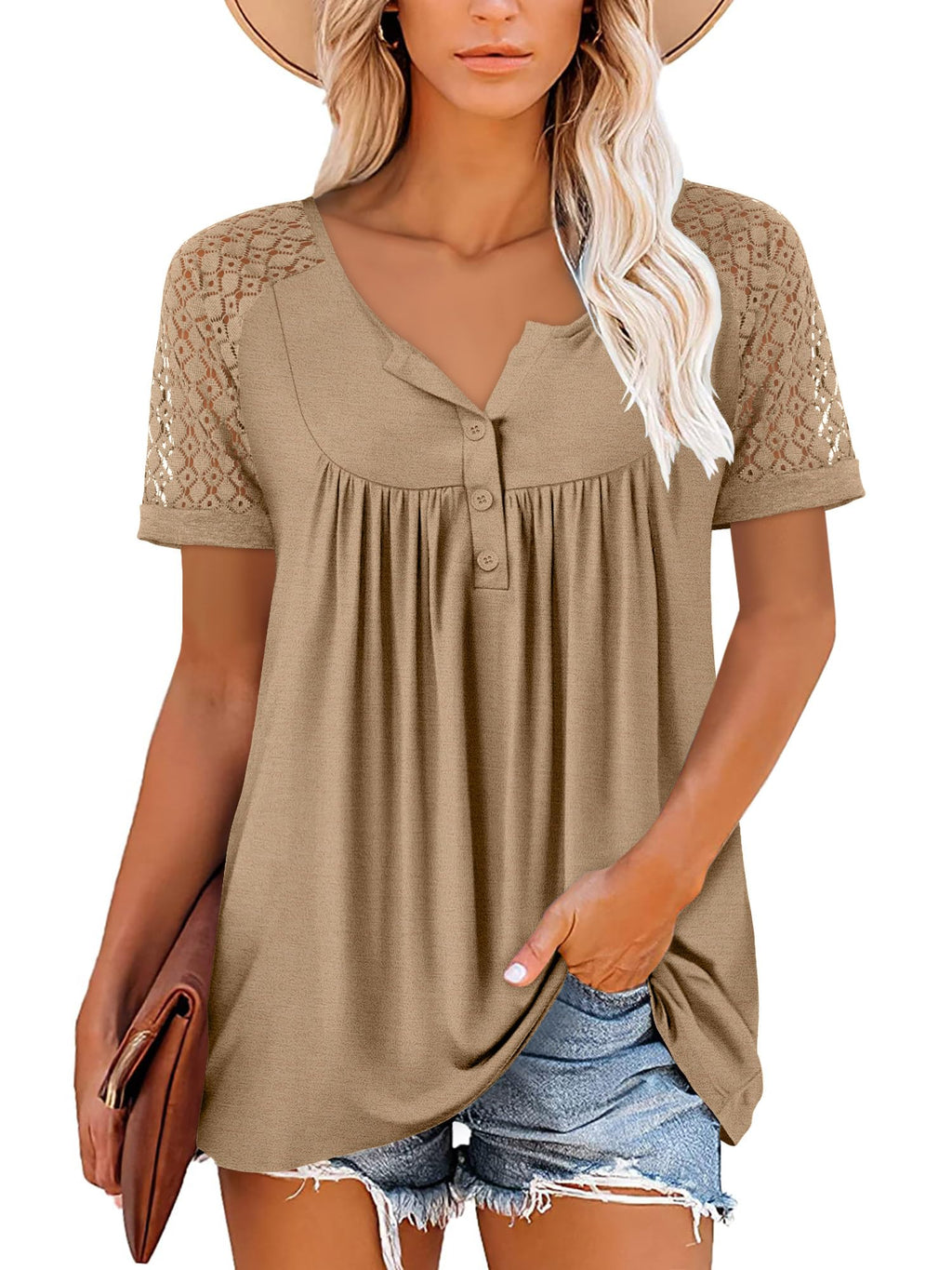 Mystry Zone Womens Henley V Neck Casual Blouse Button Down T Shirts Flare and Flowy Tops