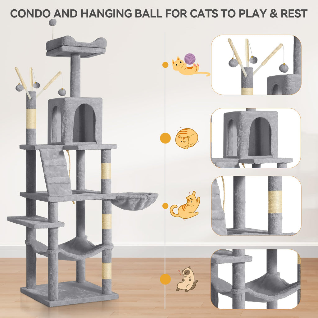 YITAHOME 44in Multi-Level Cat Tree for Indoor Kittens, Cat Furniture with Scratch Posts, Window Padded Plush Perch, Comfortable Hammock, and Interactive Pompoms, Beige