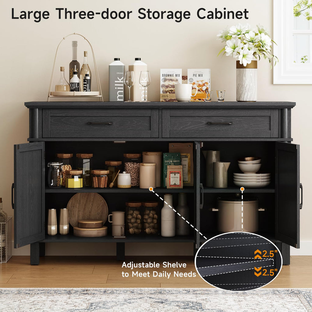 ONBRILL 48 Inches Buffet Cabinet with Storage, Farmhouse Sideboard Buffet w/2 Drawers and 3 Doors, Wood Coffee Bar Cabinet with Adjustable Shelves, Sideboard Storage for Kitchen, Living Room, Black