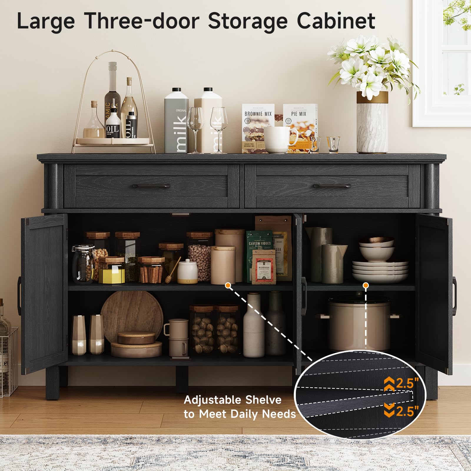 ONBRILL 48 Inches Buffet Cabinet with Storage, Farmhouse Sideboard Buffet w/2 Drawers and 3 Doors, Wood Coffee Bar Cabinet with Adjustable Shelves, Sideboard Storage for Kitchen, Living Room, Black