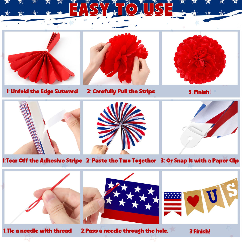 26 PCS 4th of July Decorations, 250th Memorial Day Red White Blue Paper Fans Decorations, 4th of July Banner Pompom Garland and Hanging Swirls Set for Fourth of July Independence Day Decor
