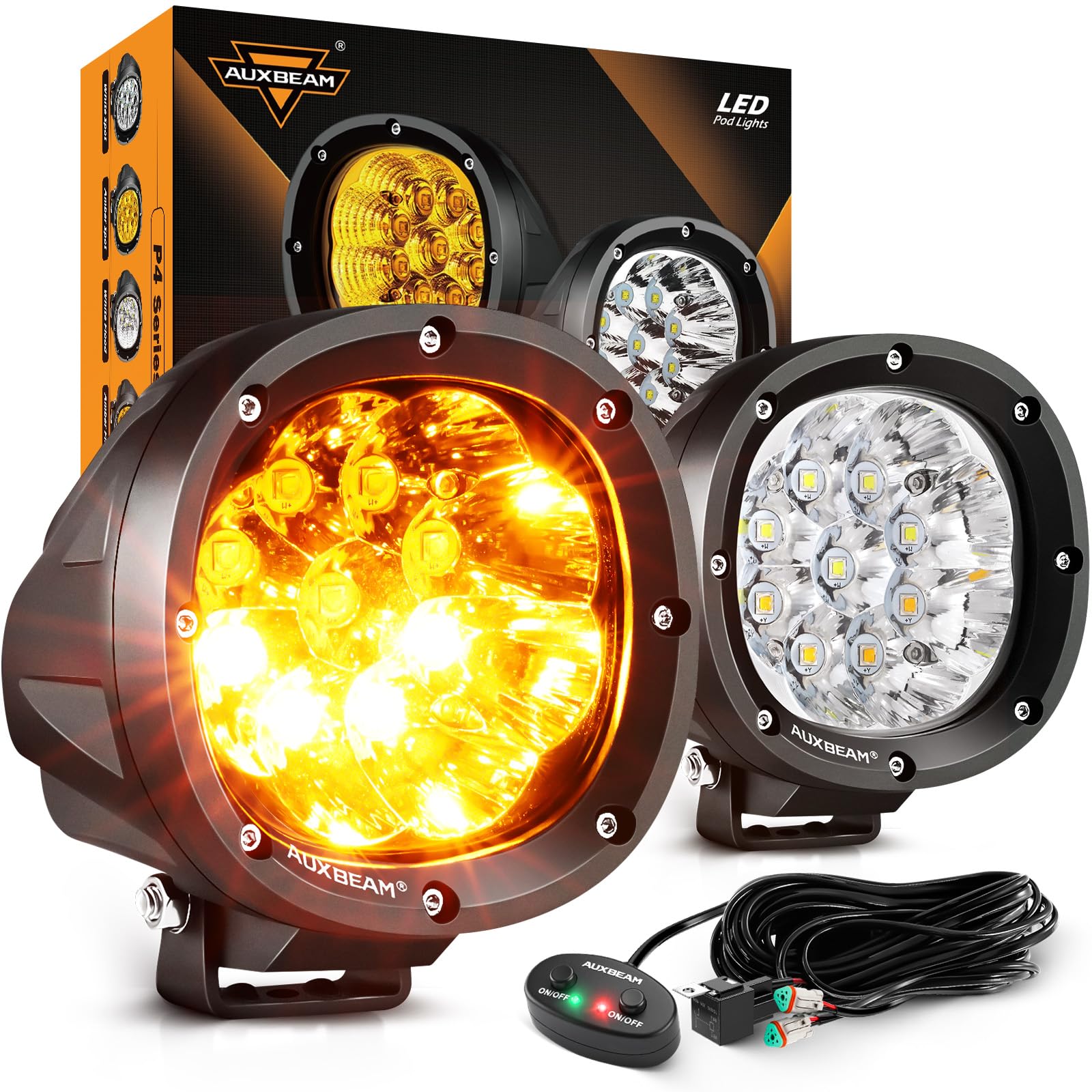 Auxbeam P4 Series Flood Beam LED Pods 4 Inch 90W Round Offroad Fog Lights Driving Flood Light Bar Bumper A-Pillar Hood Mount for Trucks ATV UTV Motorcycle Jeep