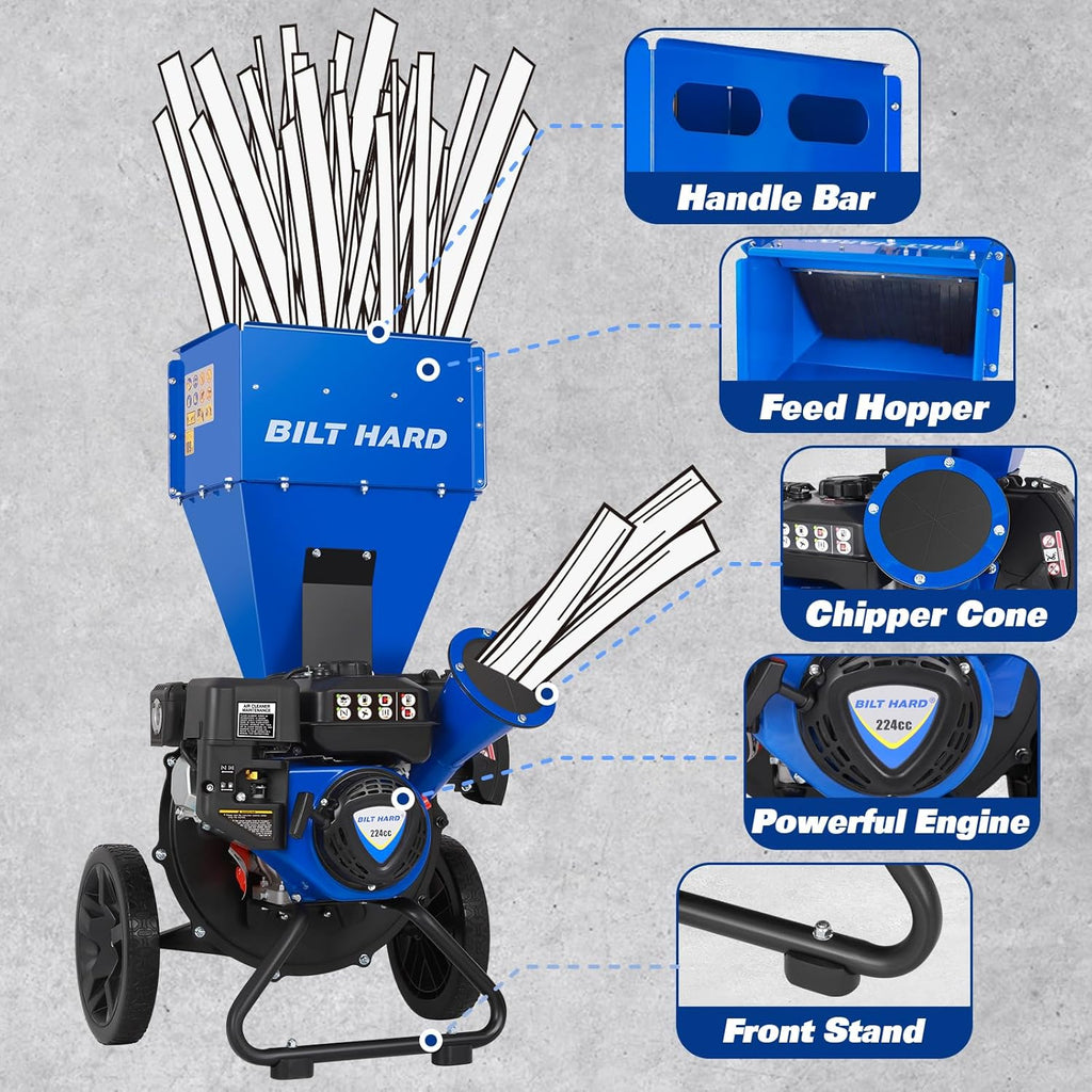 BILT HARD Wood Chippers Gas Powered - 7.5 HP 224cc Gas Powered Shredder, 2 in 1 Multi-Function Heavy Duty, 3" Max Wood Diameter Capacity with Collection Bag