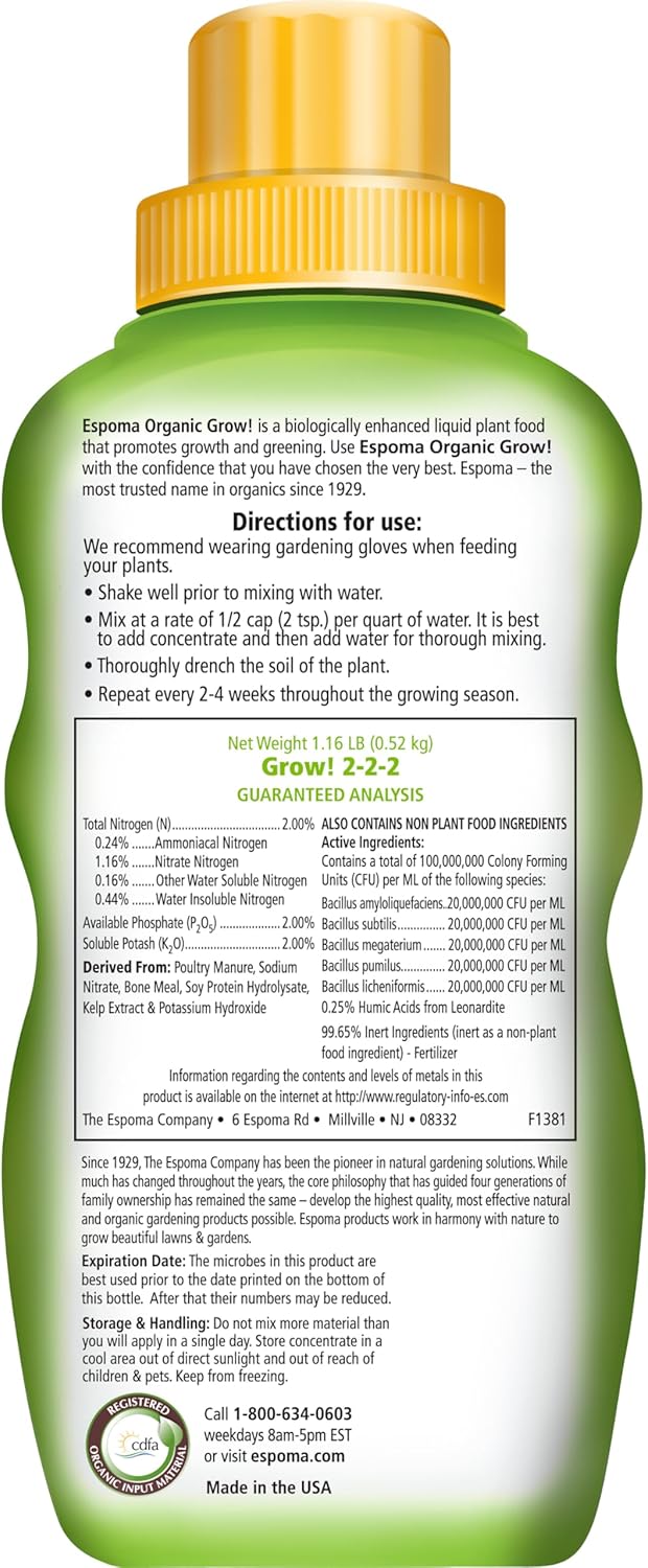 Espoma Organic Grow! Liquid Concentrate Plant Food - All Purpose Fertilizer for Indoor & Outdoor Plants. for Organic Gardening. 16oz Bottle Pack of one