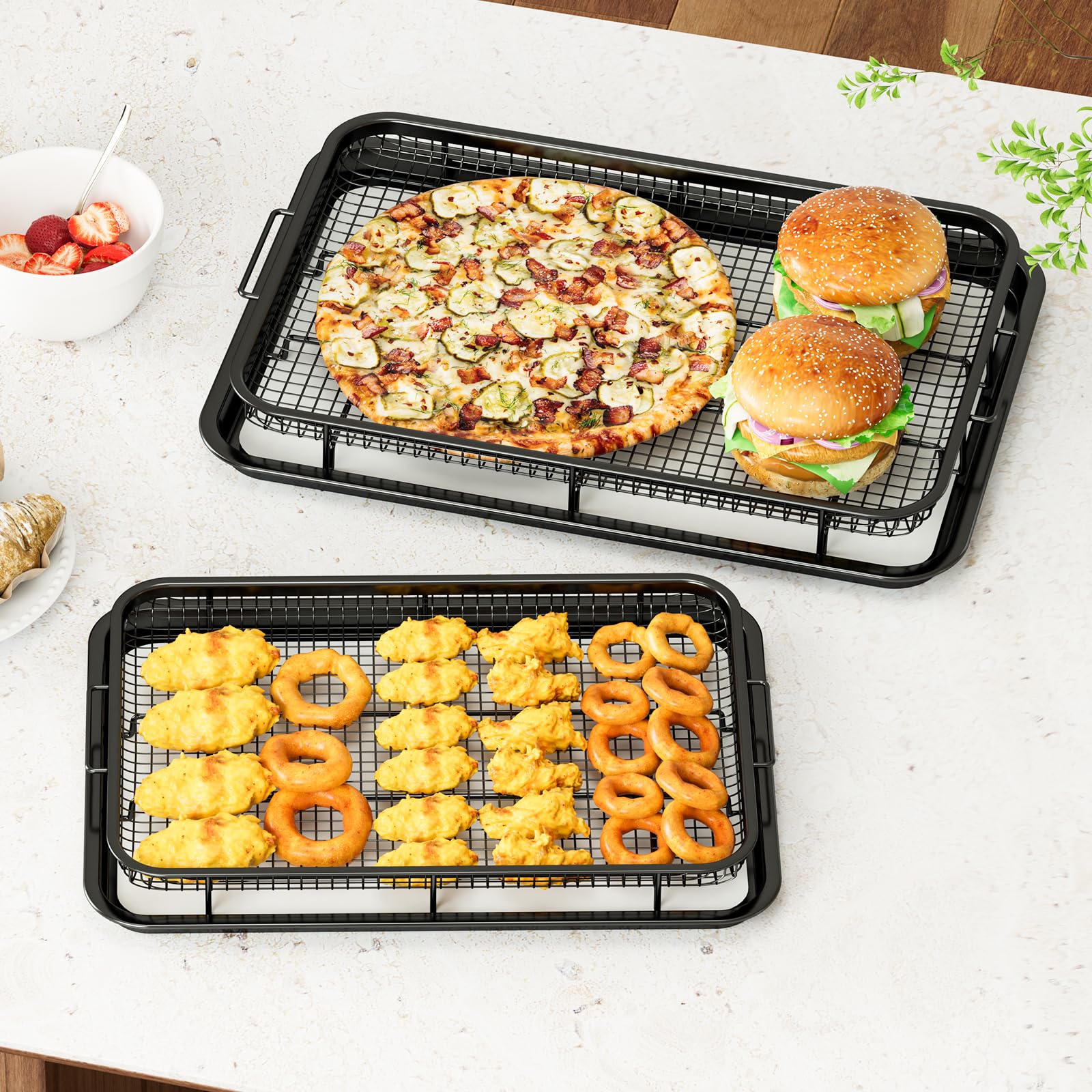 Air Fryer Basket for Oven, Large14.88"×10.98"Air Fryer Pans for Convection Oven with 30 Sheet Parchment Papers, THORSES Non-Stick Stainless Steel Air Fryer Basket and Tray for Multi Cooking - Black