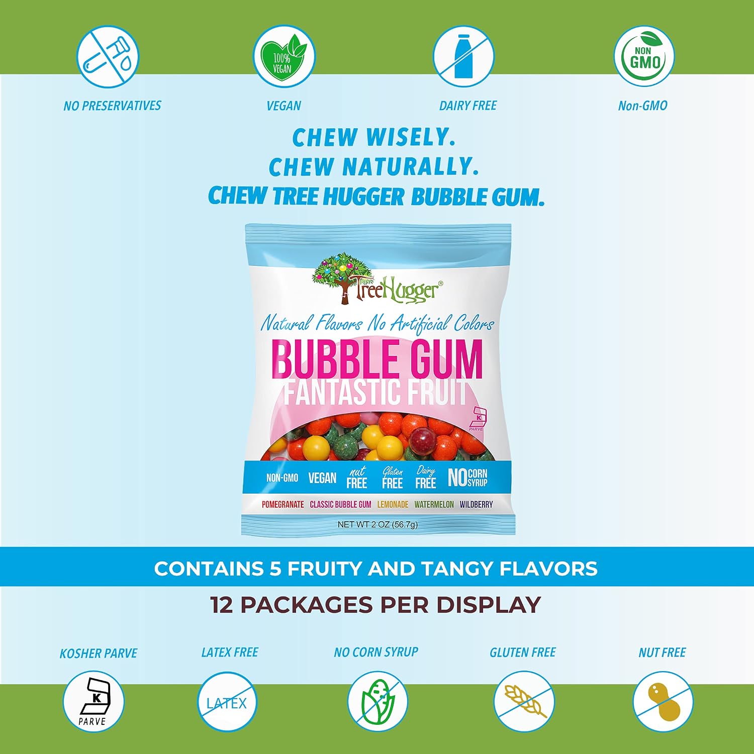 Tree Hugger Fantastic Fruit Bubble Gum, Natural Flavors, No Artificial Colors, 2 Ounce (Pack of 12)