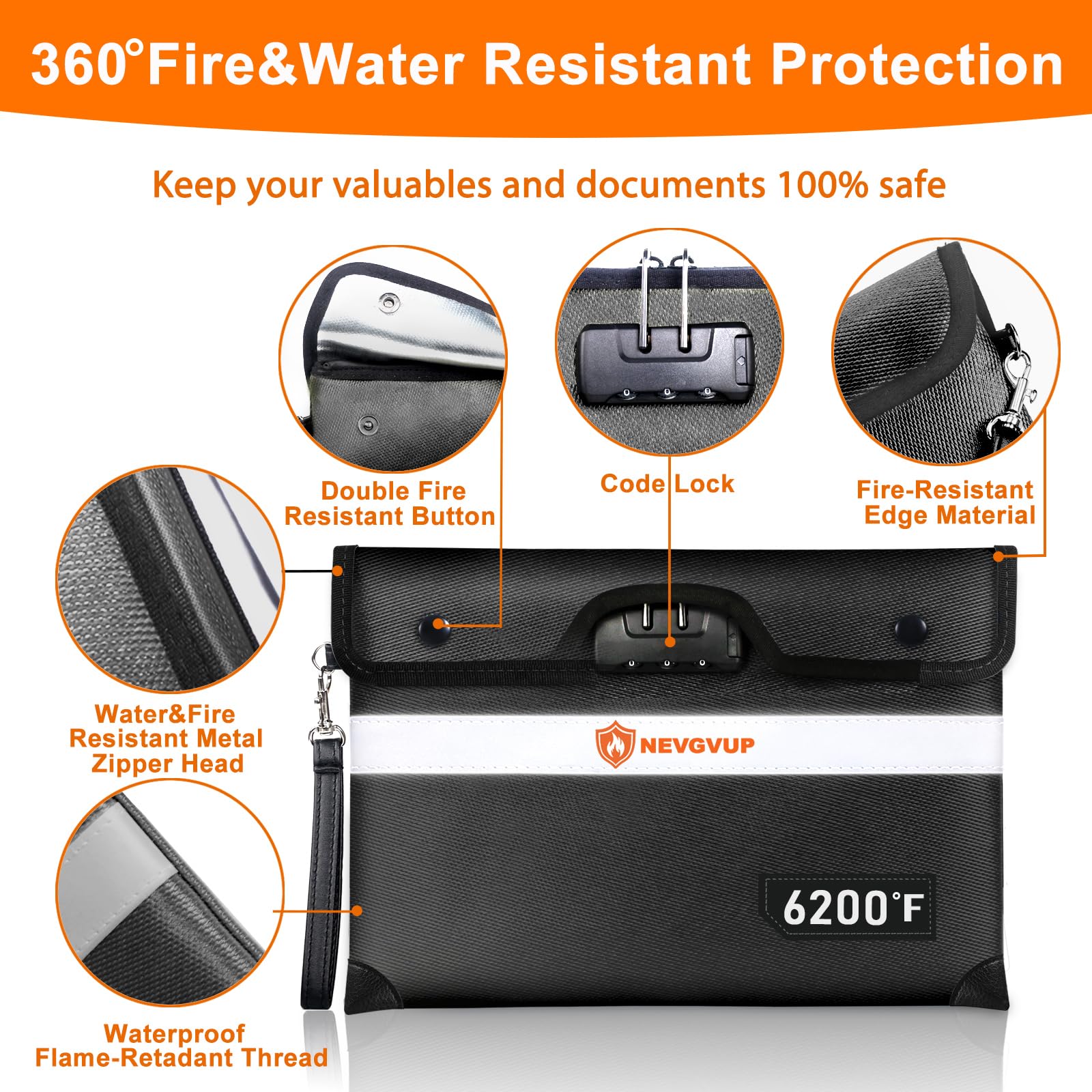 Fireproof Money Bag 4200°F - Heat Insulated, 9.8 x 6.5" Small Fireproof Document Bags with Waterproof Zipper, Fire proof Bag with Reflective Strip and Fireproofs Edeging, Fire Pouch Set for Valuables