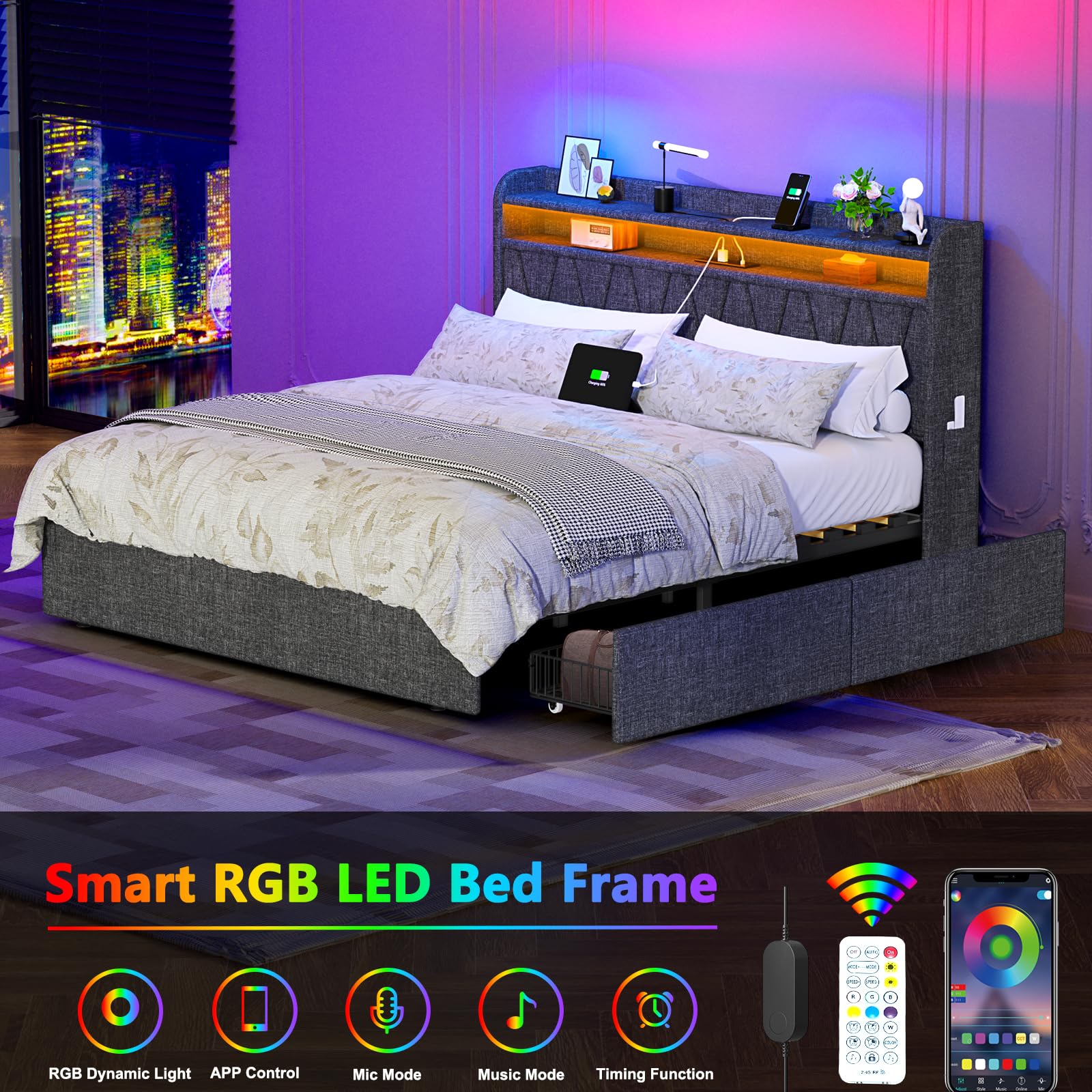 Queen Bed Frame 1500LBS Heavy Duty, 2-Tier Storage Headboard & 4 Drawers, Upholstered Metal Platform with Thicker Wooden Slats, Charging Station & LED Lights, No Box Spring Needed, Easy Assembly, Grey