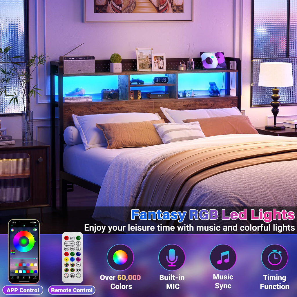 Unikito Headboard for Queen Size Bed with Storage Shelf, Head Board with 3 Outlets and 2 USB Ports, Headboards with RGB LED Light, Height Adjustable, Sturdy and Stable, Easy Assembly, Black