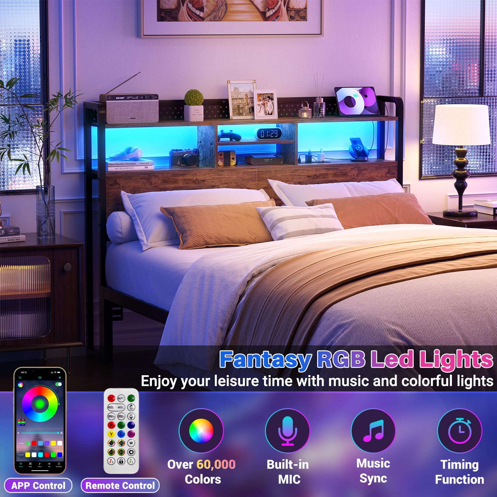 Unikito Headboard for Queen Size Bed with Storage Shelf, Head Board with 3 Outlets and 2 USB Ports, Headboards with RGB LED Light, Height Adjustable, Sturdy and Stable, Easy Assembly, Black