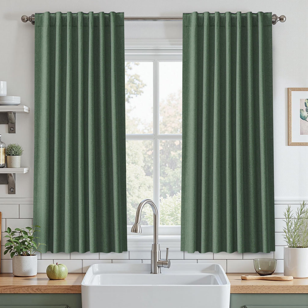 UHITECH Short Linen Curtains 24 Inch Long for Farmhouse Small Windows Modern Cafe Sytle Blackout Curtains for Living Room Back Tab Thermal Black Out Drapes 2ft
