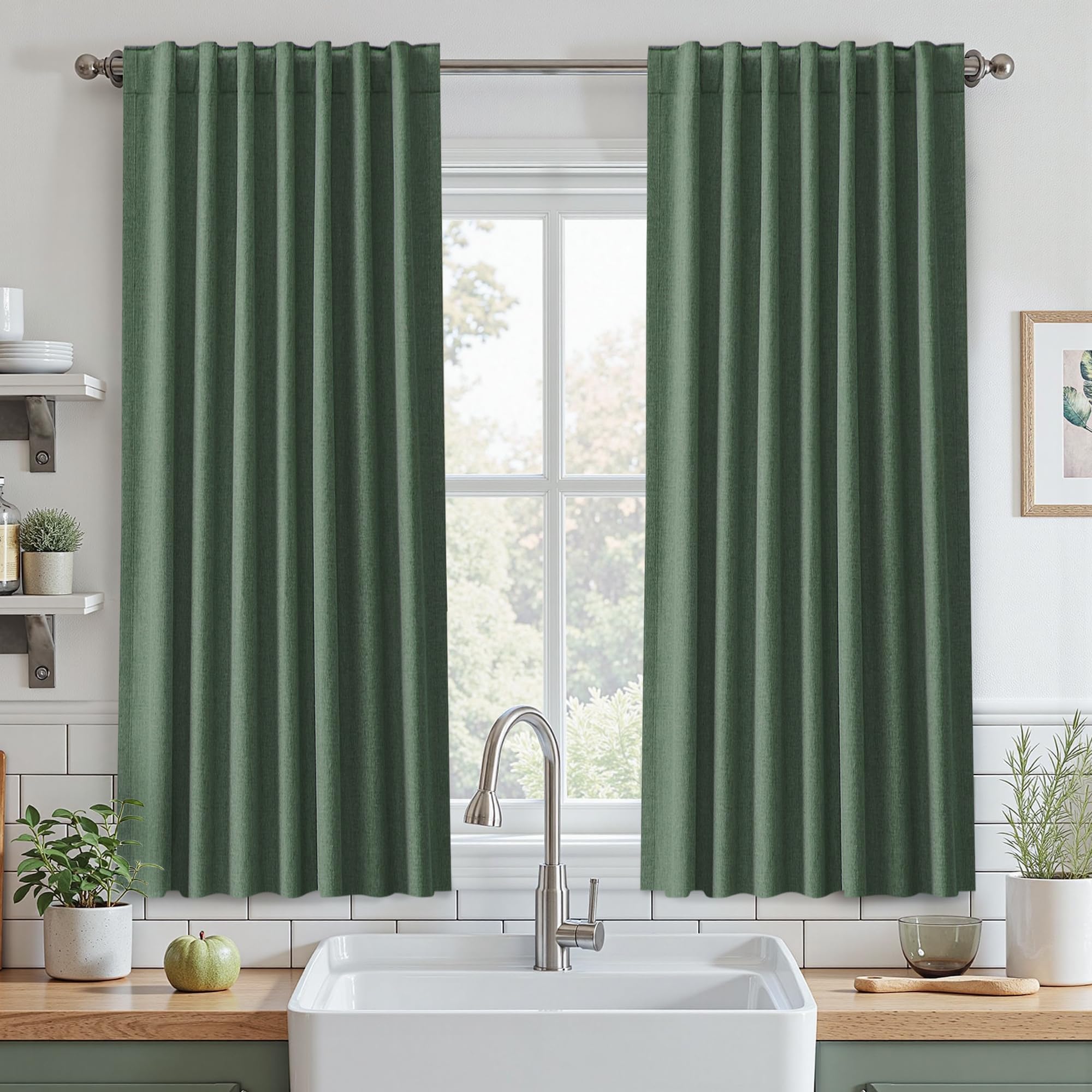 UHITECH Short Linen Curtains 24 Inch Long for Farmhouse Small Windows Modern Cafe Sytle Blackout Curtains for Living Room Back Tab Thermal Black Out Drapes 2ft