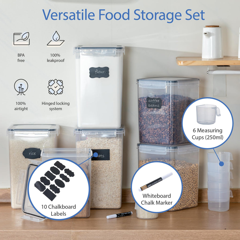 Chef's Path Kitchen Storage Box Set of 4 Extra Large Airtight Food Storage Jars for Sugar Flour Cereal Rice - Measuring Spoons, Pen and Food Preservation Labels (5.2 L)