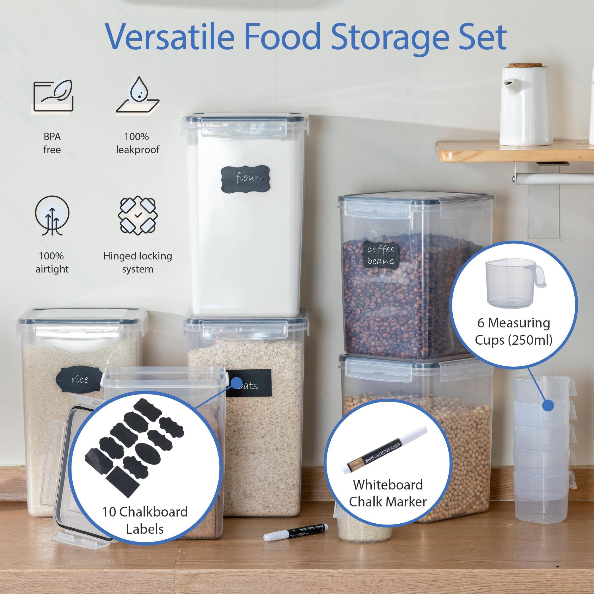 Chef's Path Kitchen Storage Box Set of 4 Extra Large Airtight Food Storage Jars for Sugar Flour Cereal Rice - Measuring Spoons, Pen and Food Preservation Labels (5.2 L)