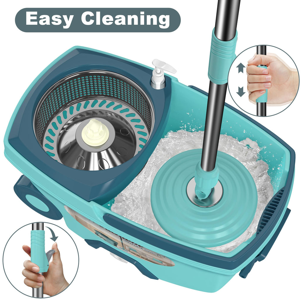 Dual Compartment Spin Mop and Bucket, Mop and Bucket with Wringer Set,360°Rotating Spinning Mopping for Floor Cleaning with 6 Microfiber Replacement Heads, 61" Extended Handle, 2X Wheel - Deep Green