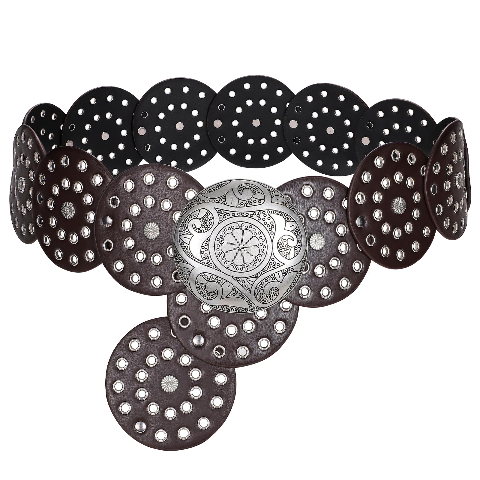 WERFORU Women Vintage Leather Belt Western Disc Waist Belts Ladies Western Belt Boho Belt for Dress Jean-