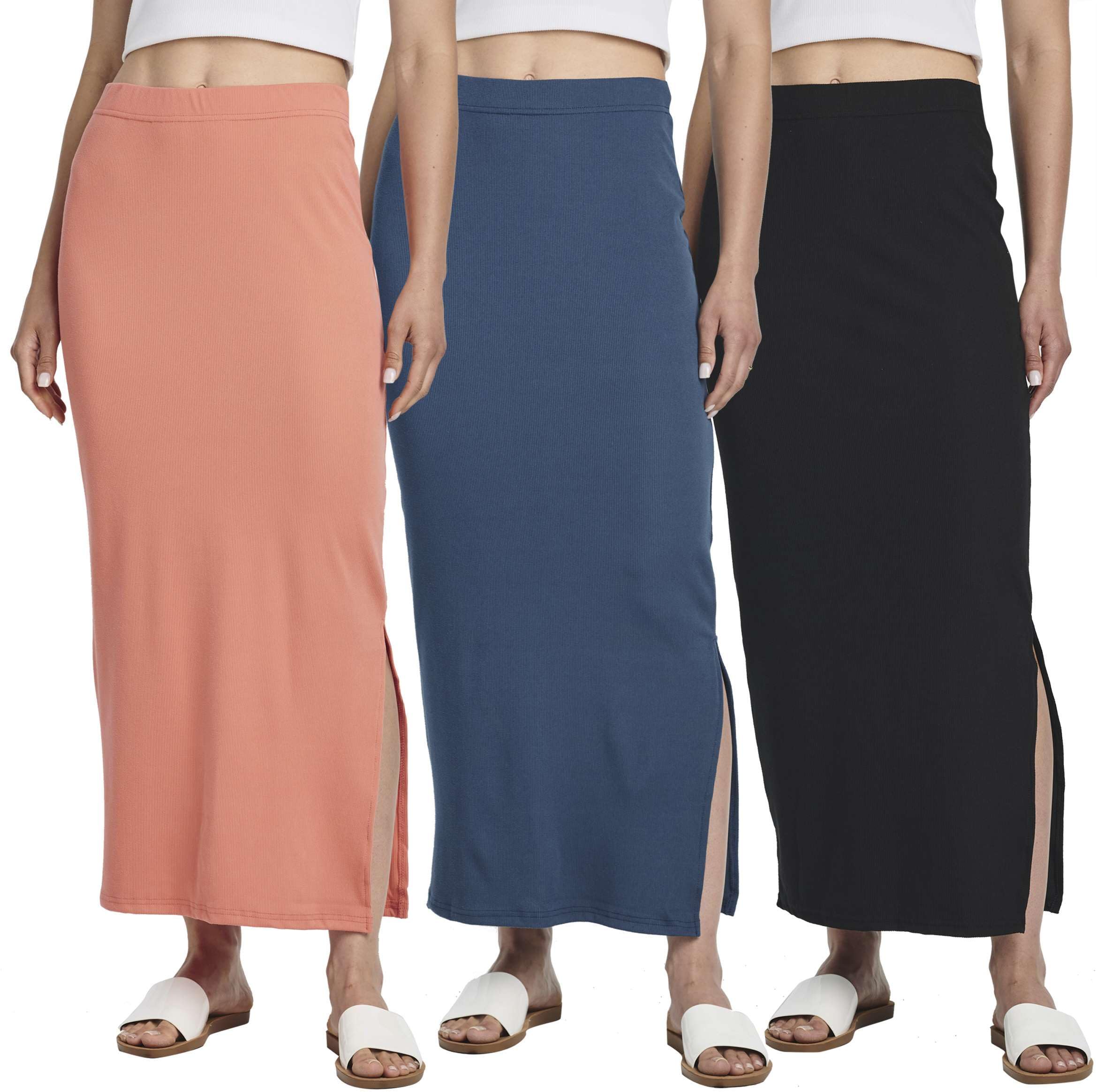 Real Essentials 3 Pack: Women's Ribbed High Waisted Maxi Skirt with Side Slit - Casual Long Pencil Skirt